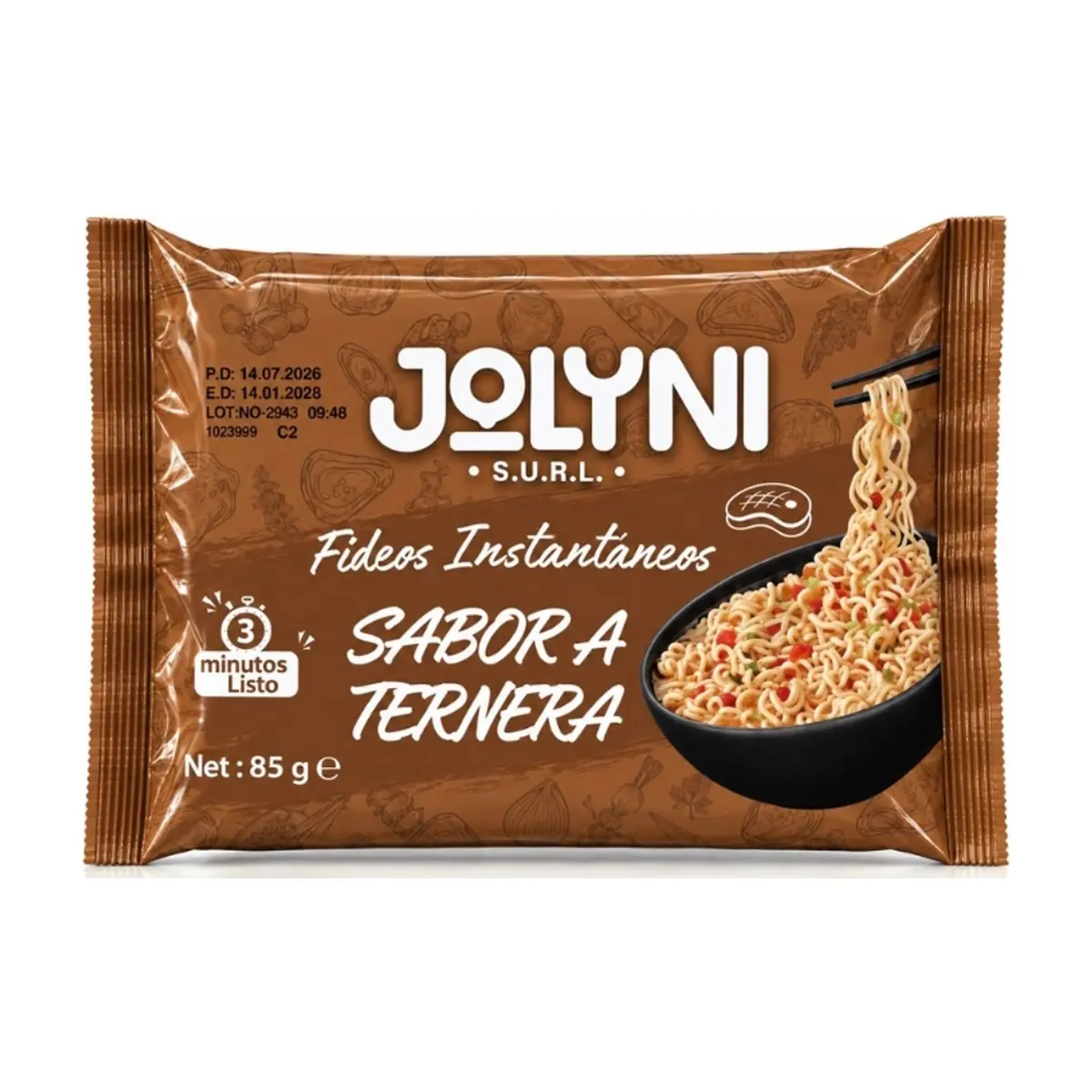 Sopa de fideos instantáneos sabor ternera Jolyni (85 g / 3 oz)