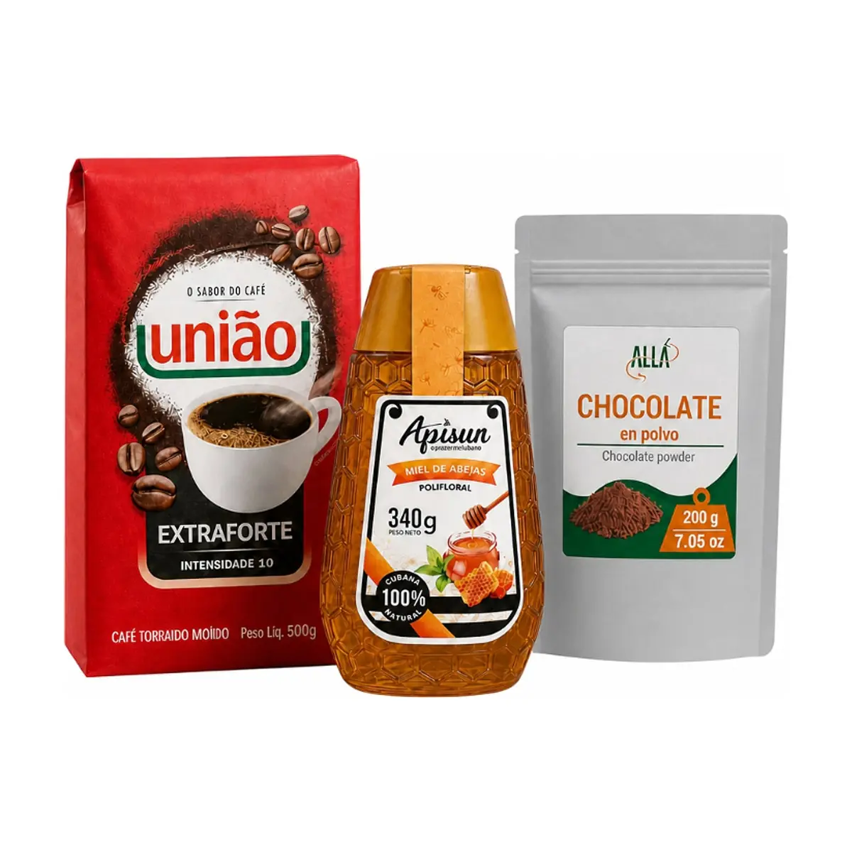 Café tostado y molido extra fuerte União + Miel de abejas Apisun + Chocolate en polvo
