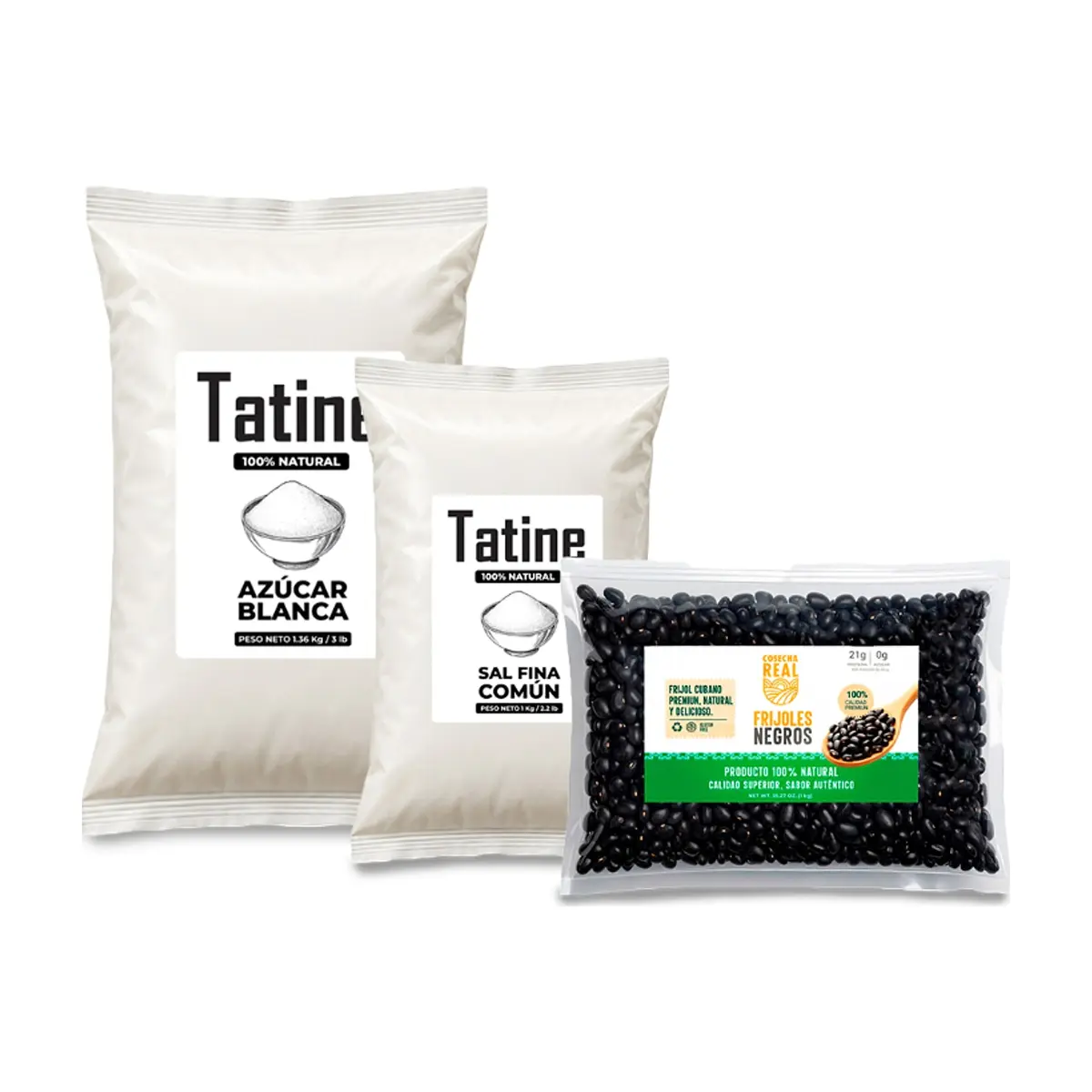 Combo básico de cocina #15: Frijoles negros Cosecha Real + Sal fina común Tatine + Azúcar blanca Tatine