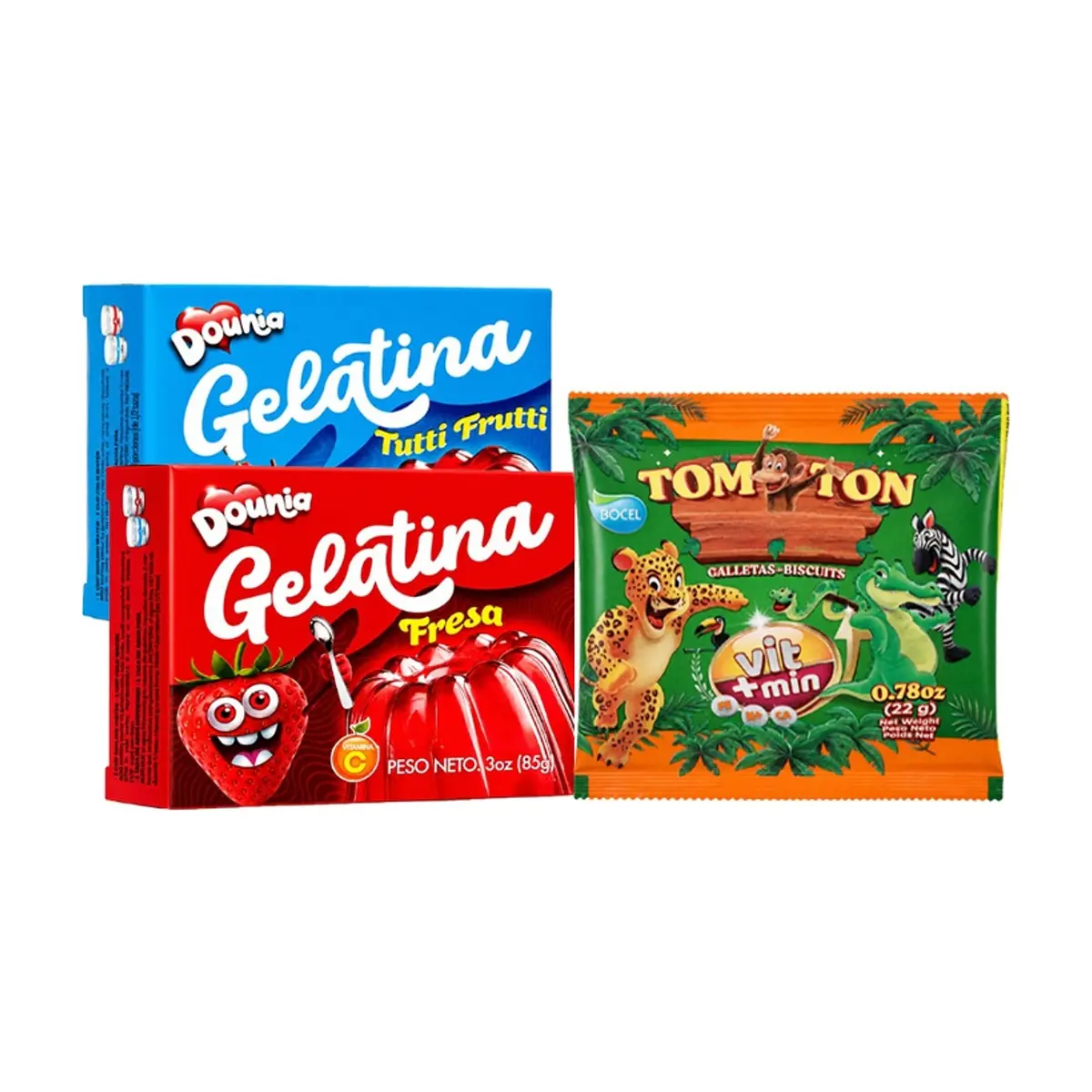Combo gelatina de fresa ,tuti fruti,y galletas ton ton - Miniatura 1