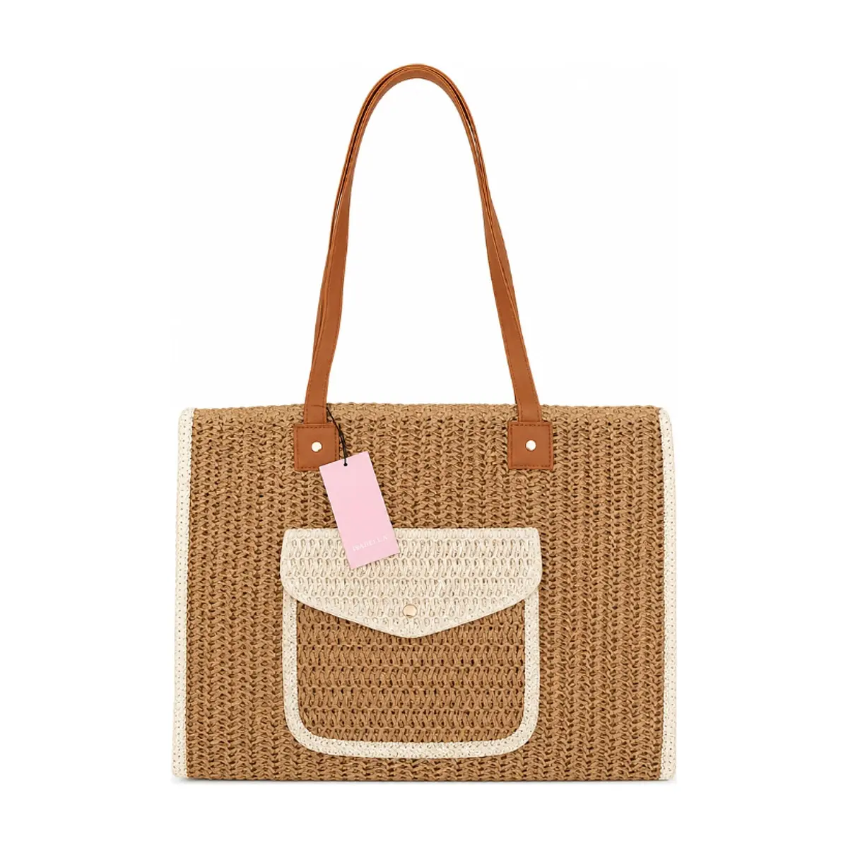 Bolso tote de playa tejido en color camel con bolsillo frontal y asas de piel ISABELLA (1 U) - Thumbnail 2
