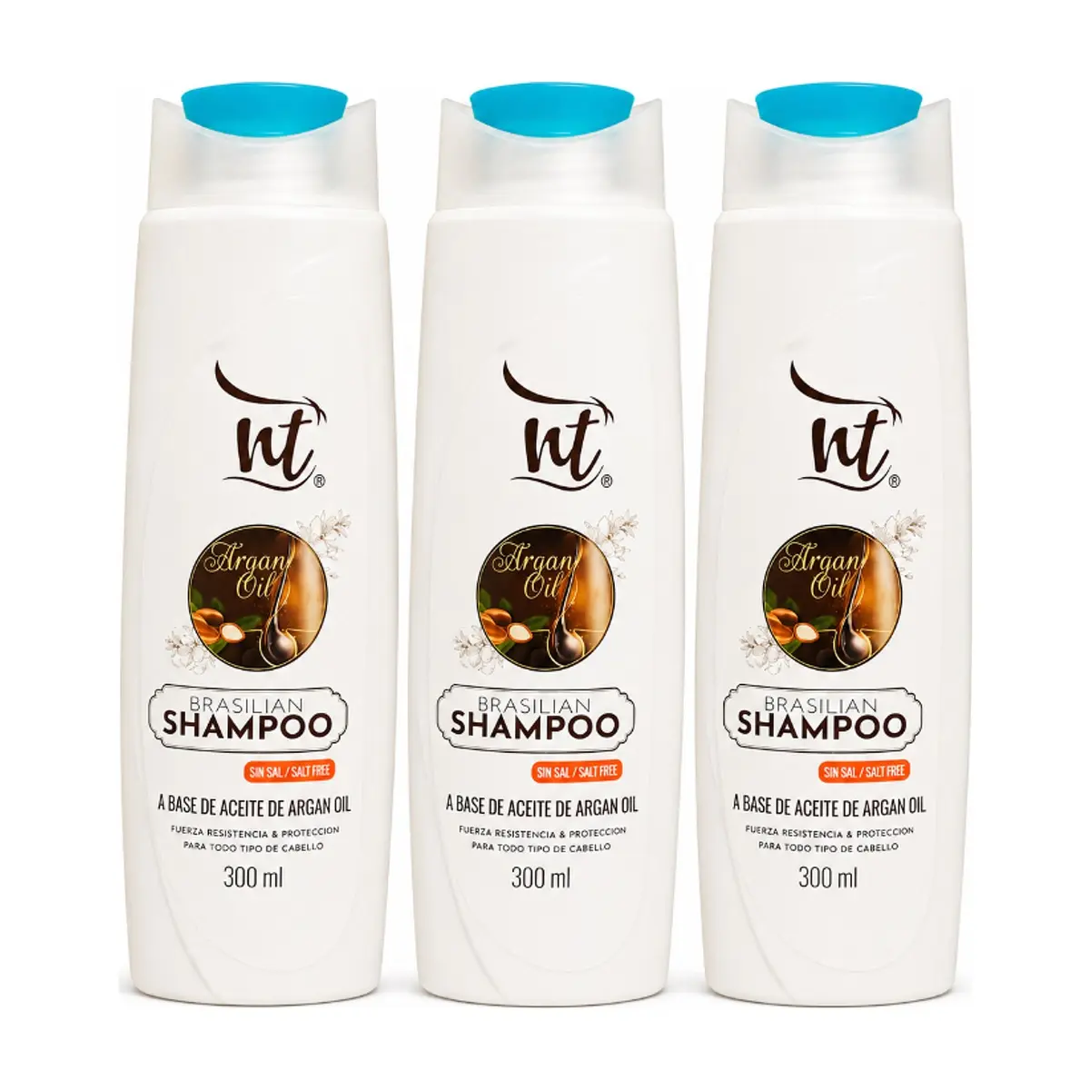 Champú brasileño a base de aceite de argan sin sal NT (3 x 300 ml / 10.58 fl.oz)