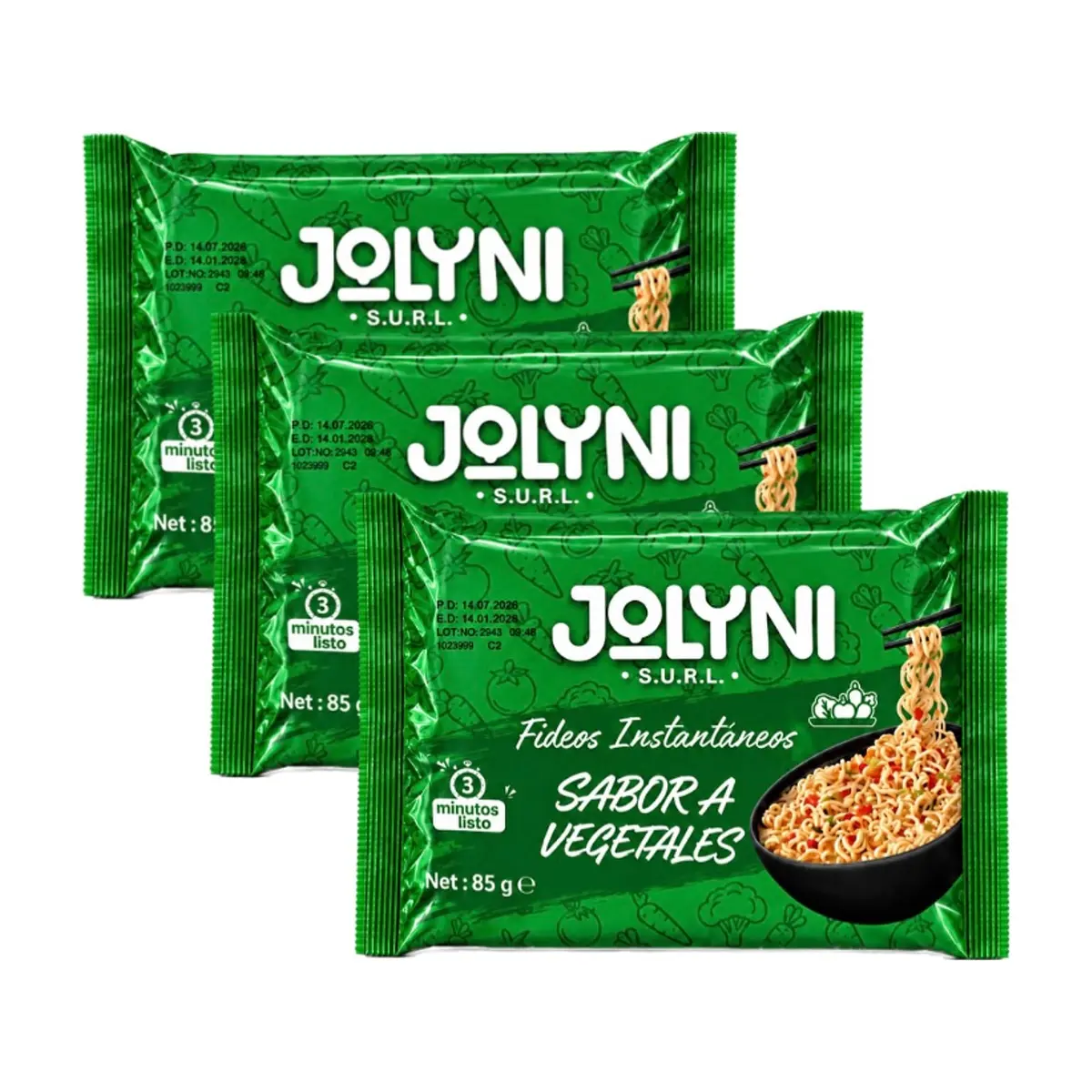 Sopa de fideos instantáneos sabor a vegetales Jolyni (3 x 85 g / 3 oz)