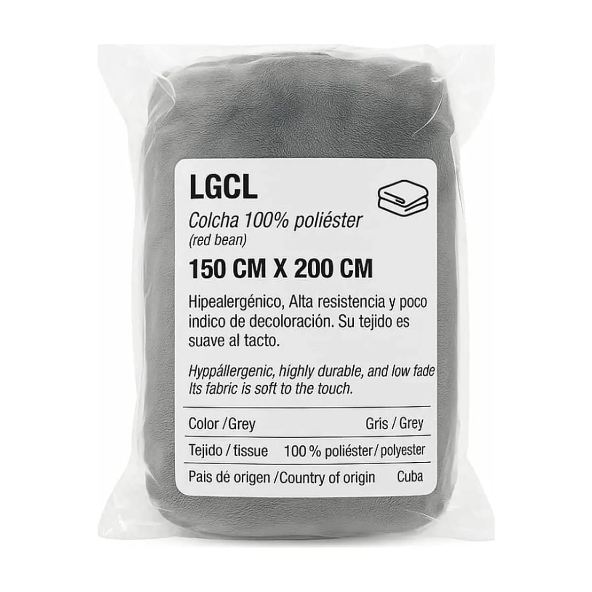 Colcha 100 % poliéster color gris LGCL 150 cm x 200 cm - Miniatura 3