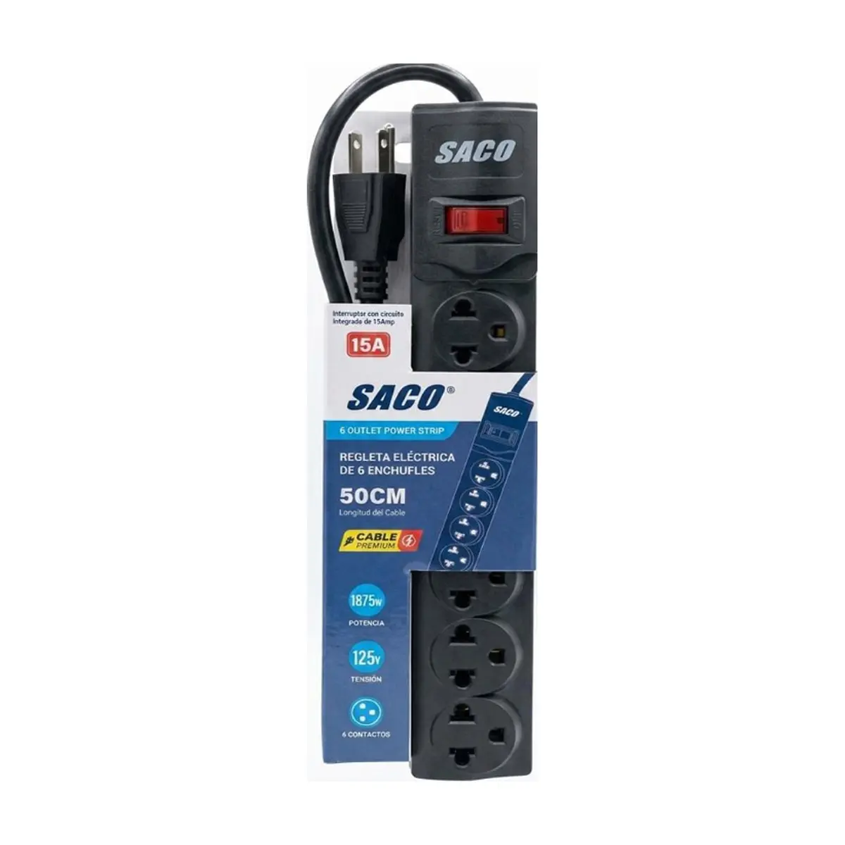 Extensión con sistema de 6 tomas y cable de 50 cm 15A Saco 04-FR-34035 - Thumbnail 2