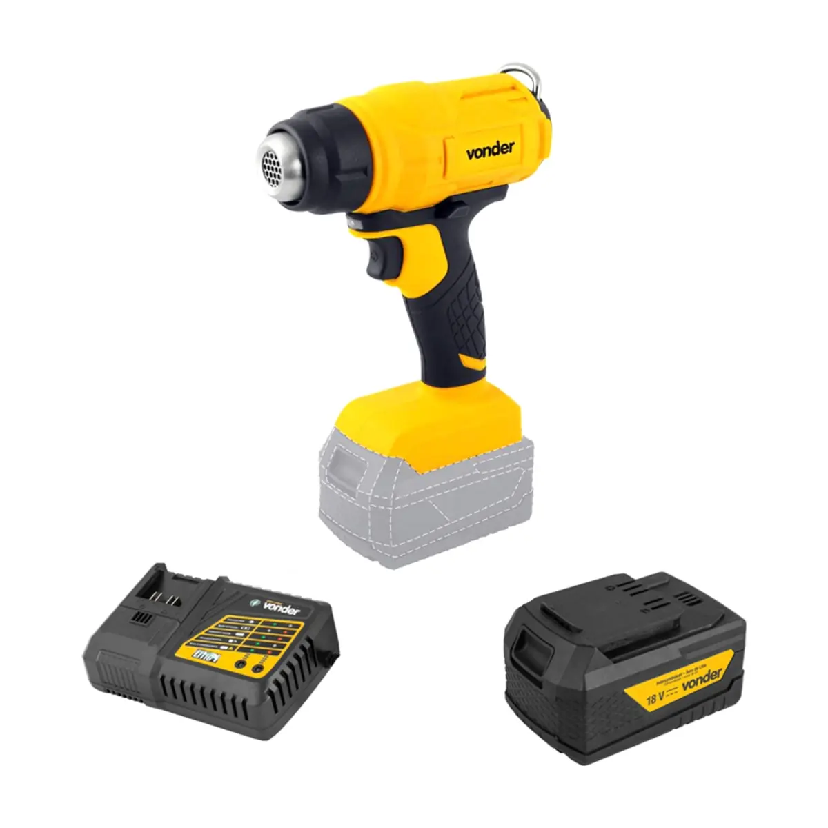 Soplador térmico ISTV1827 + Batería 18 V 4 Ah - iones de litio IBV 1804 + Cargador de batería rápido de 18 V ICBV1806 Vonder