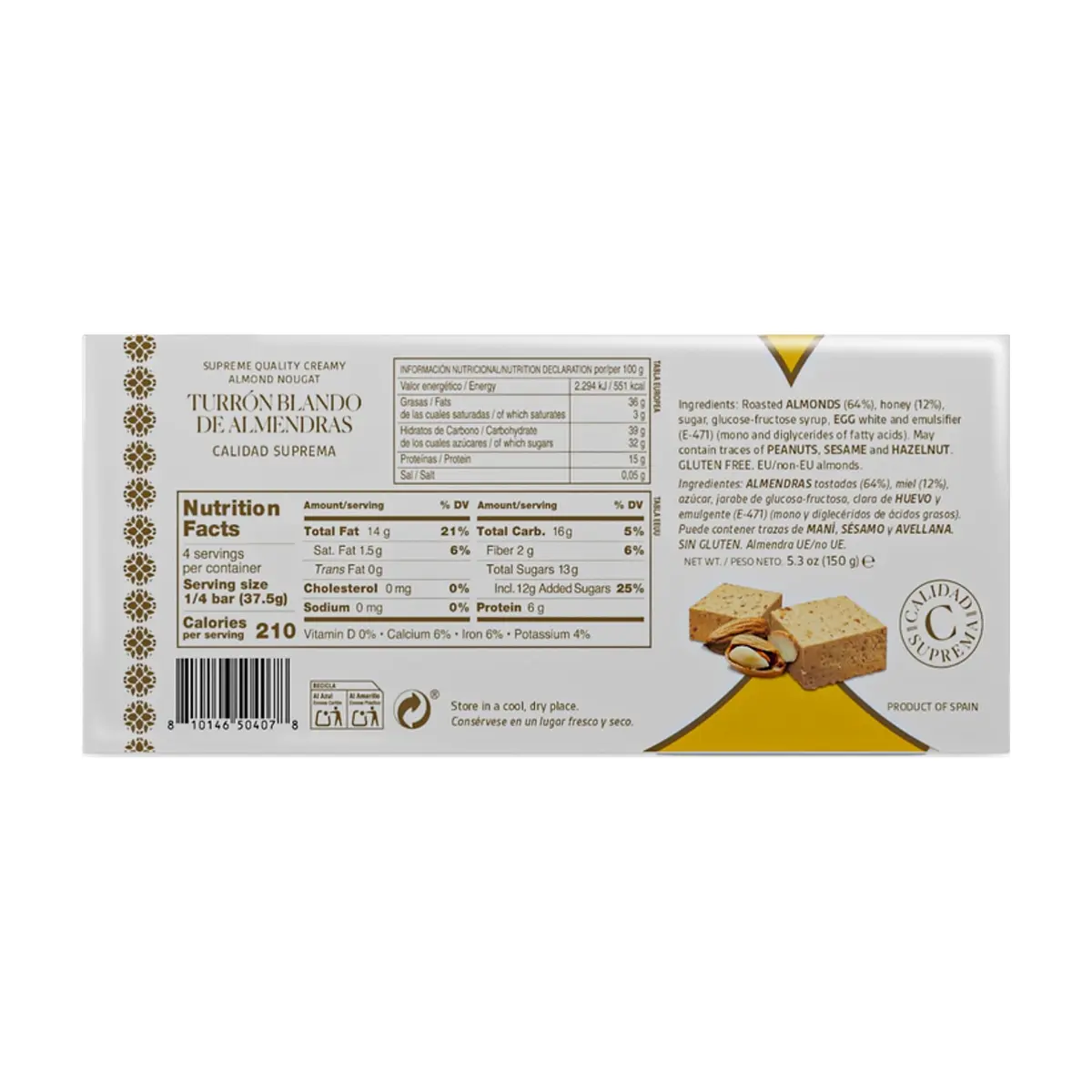Turrón blando de almendras -Jijona - Calidad Suprema YEYA (150 g / 5.3 oz) - Thumbnail 4