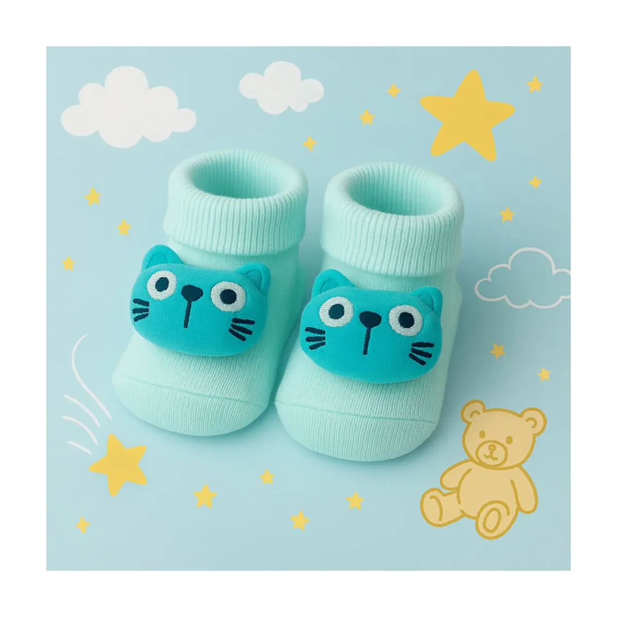 Par de calcetines de color celeste con sonajero de peluche para bebé Ayaydin Miroglio - Miniatura 3