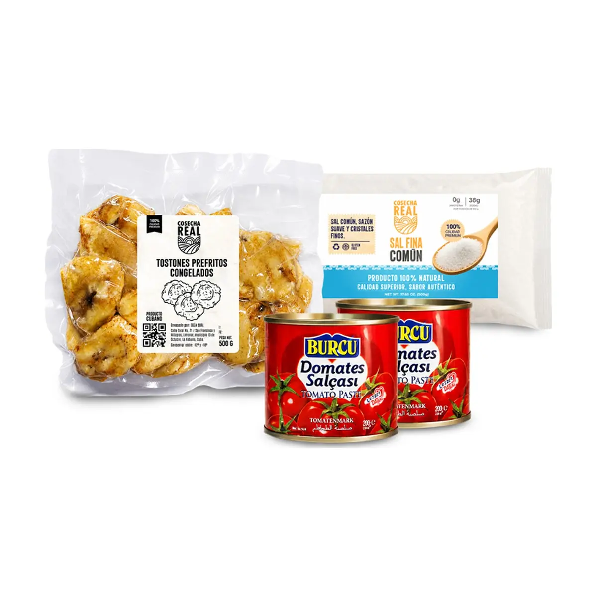Combo criollo #3: Tostones prefritos congelados Cosecha Real + Pasta de tomate Burcu + Sal fina común Cosecha Real