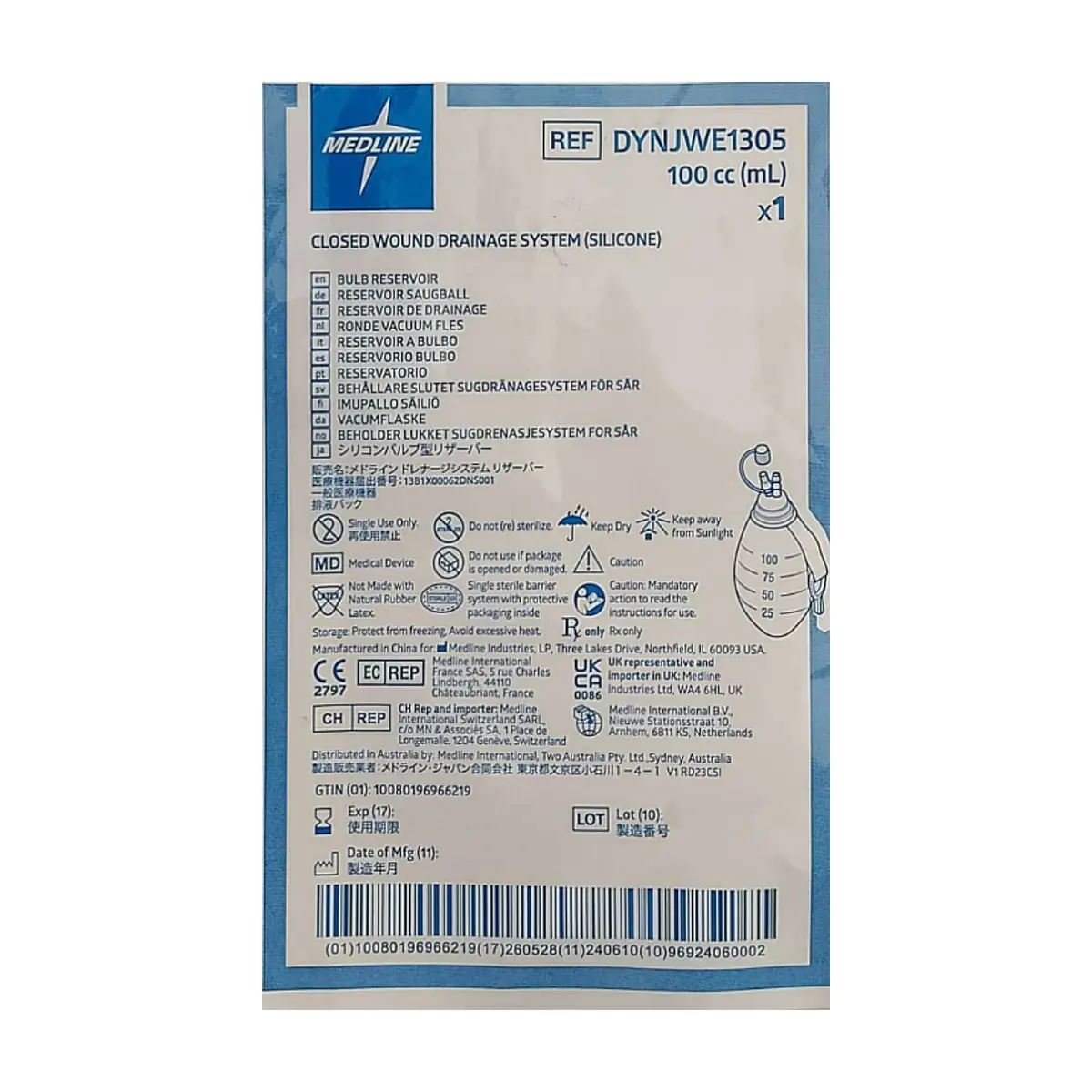 Sistema de drenaje cerrado de silicona para heridas 100 ml Medline - Thumbnail 2