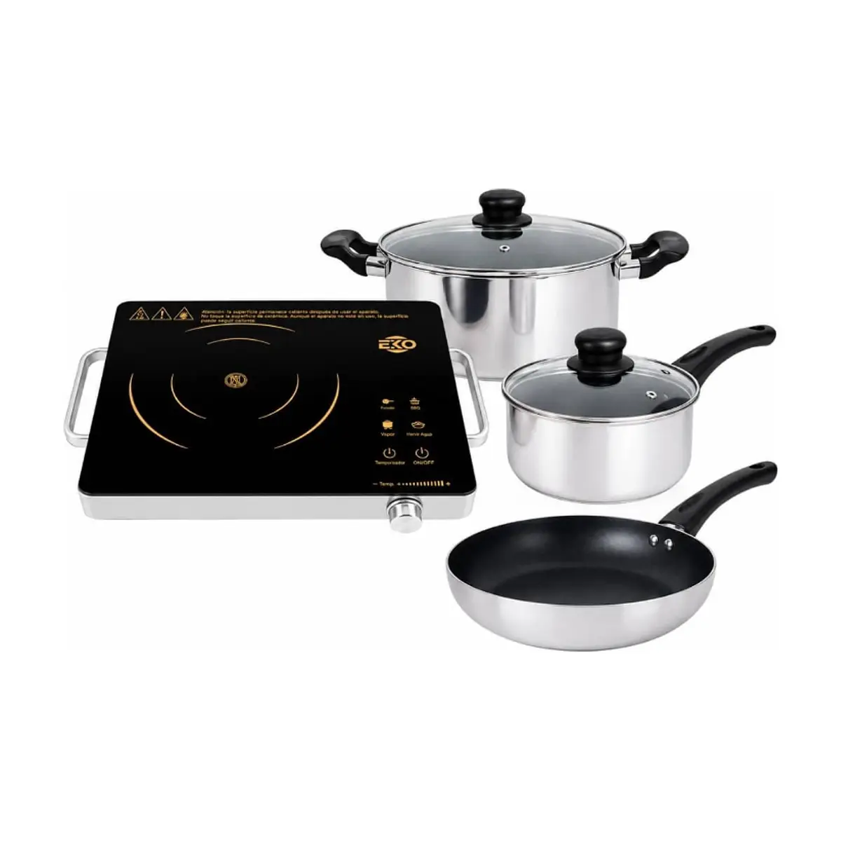 Cocina infrarroja compatible con todo tipo de utensilios 1500 W + Juego de calderos de aluminio con base de inducción
