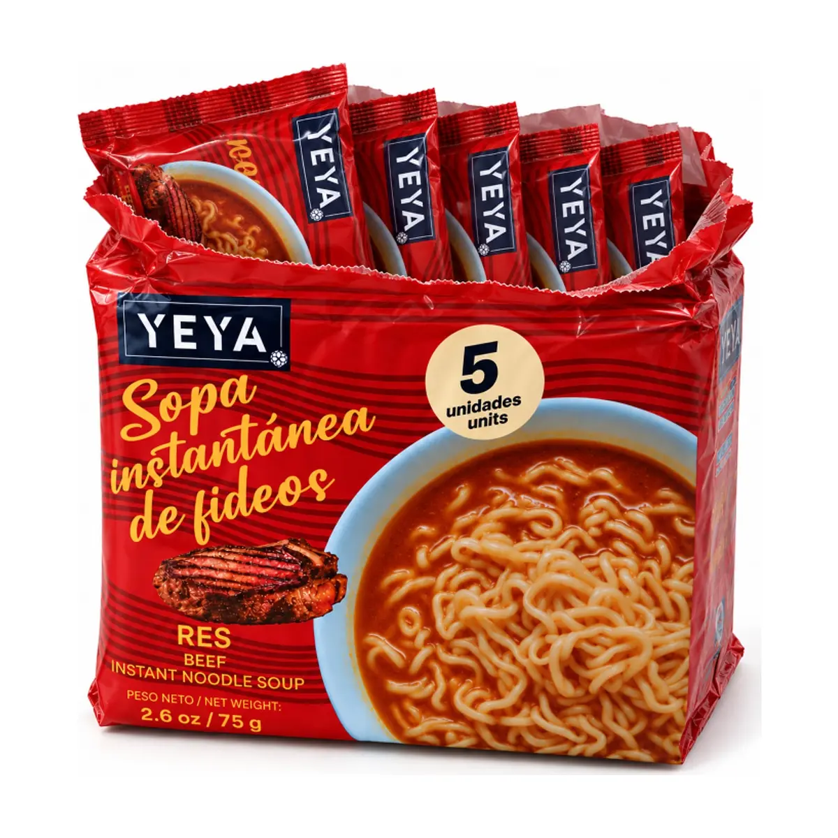 Sopa instantánea de fideos con sabor a res YEYA (5 x 75 g / 2.6 oz)