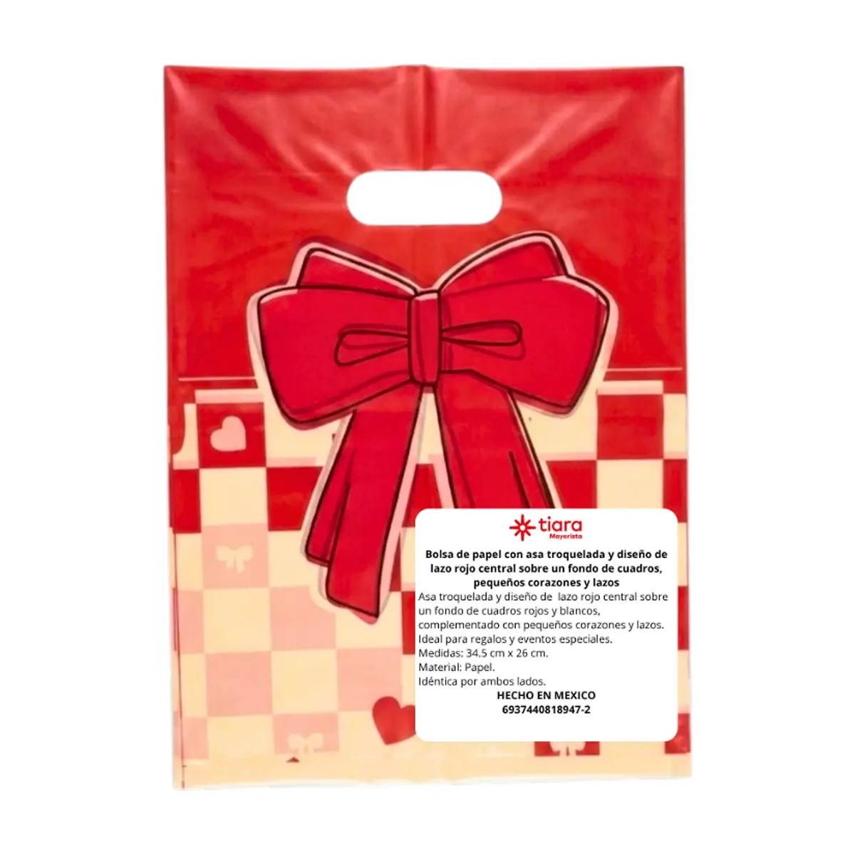 Bolsa de nylon con asa troquelada y diseño de lazo rojo central sobre un fondo de cuadros, pequeños corazones y lazos Tiara - Thumbnail 3