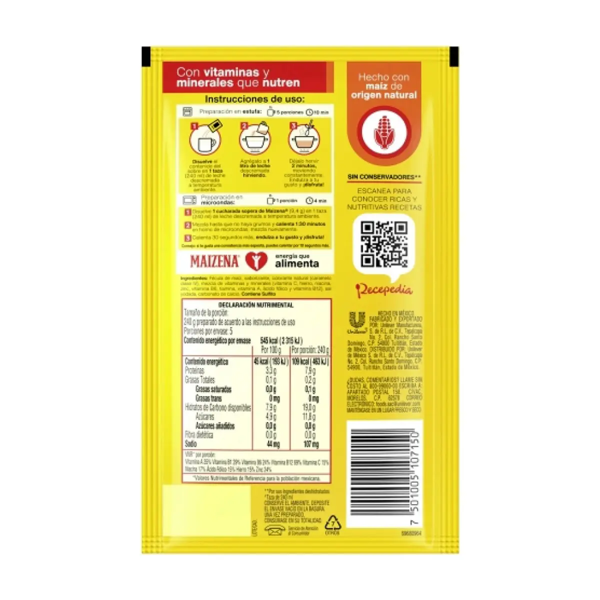 Fécula de maiz para preparar atole fortificado sabor nuez Maizena (47 g / 1.65 oz) - Thumbnail 5