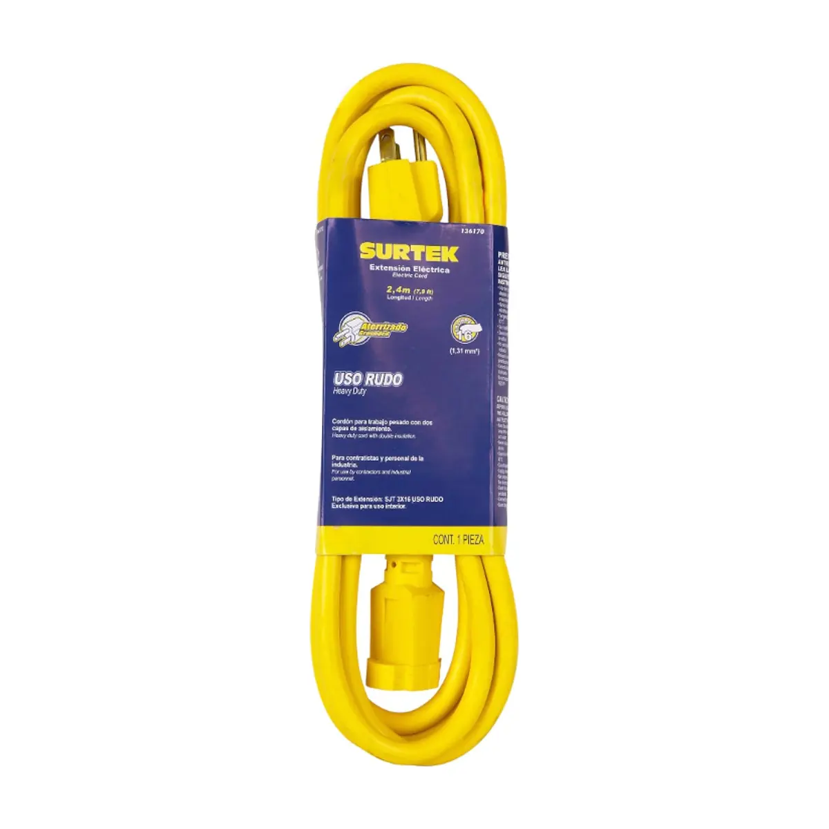 Extensión eléctrica uso rudo color amarillo 2.4 m Surtek 136170 - Thumbnail 2