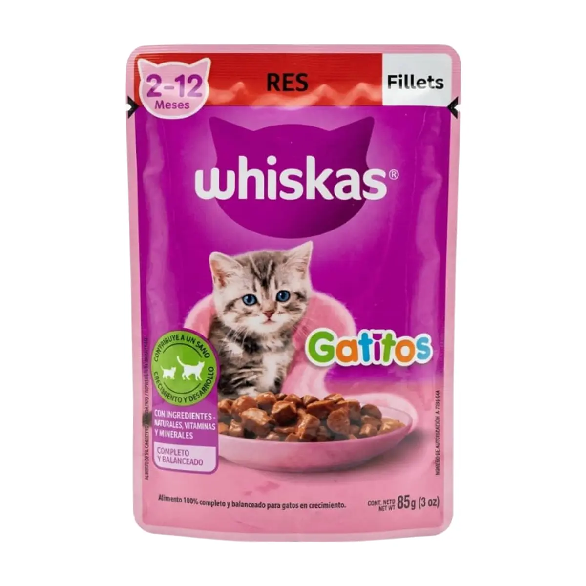 Alimento para gatos de 2-12 meses, sabor a res Whiskas (85 g / 2.99 oz)