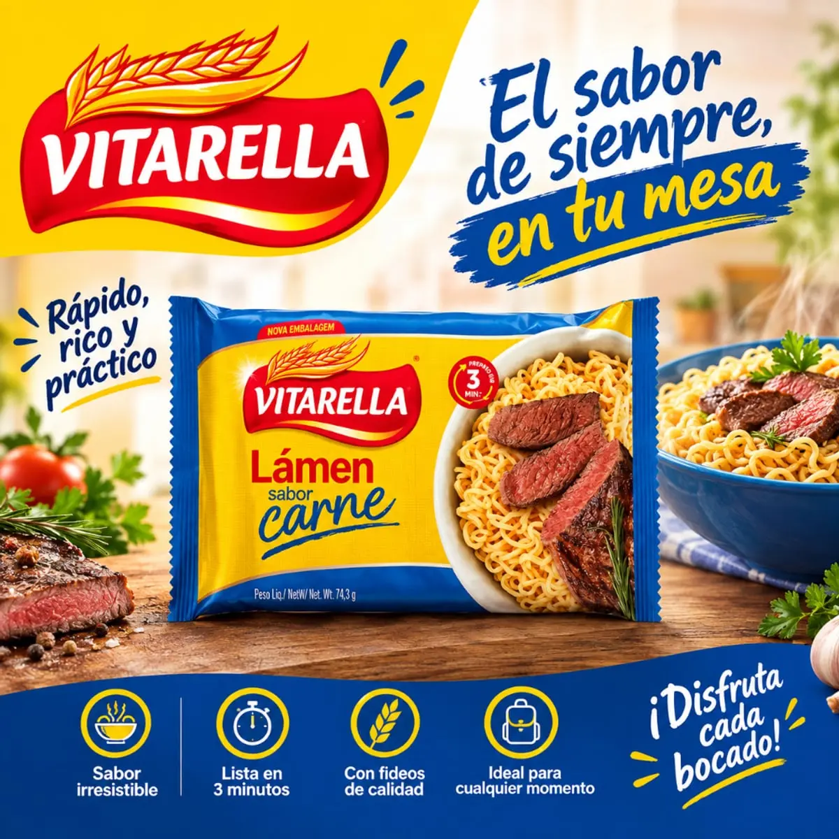 Sopa de fideos instantánea sabor a res Vitarella (74.3 g / 2.62 oz) - Thumbnail 4