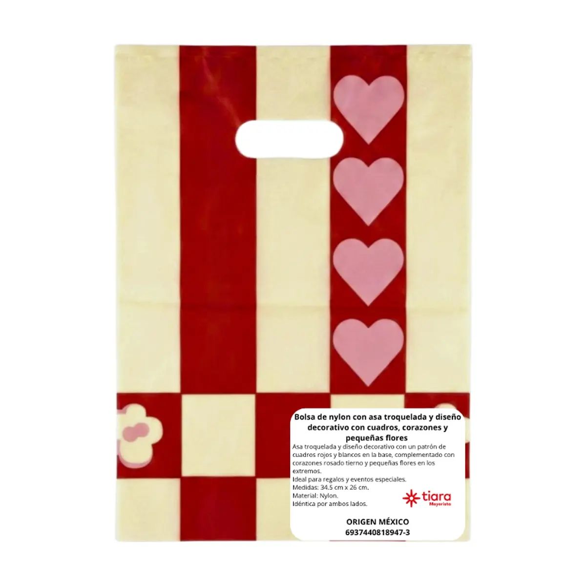 Bolsa de nylon con asa troquelada y diseño decorativo con cuadros, corazones y pequeñas flores Tiara - Thumbnail 4