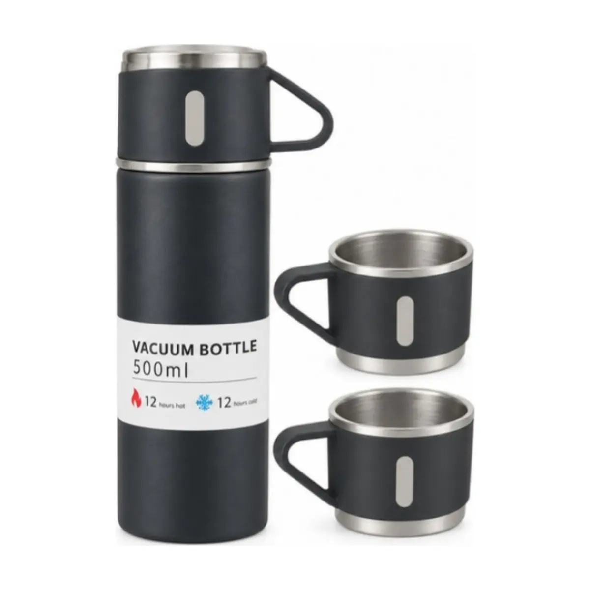 Set de termo de acero inoxidable de 500 ml con 2 tazas color negro XL Soluciones - Miniatura 1