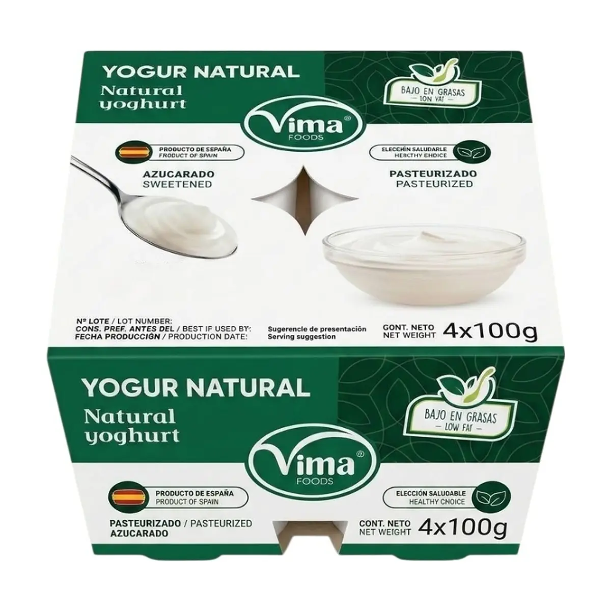 Yogurt pasteurizado sabor natural azucarado Vima Foods (4 x 100 g / 3.52 oz) - Imagen 1