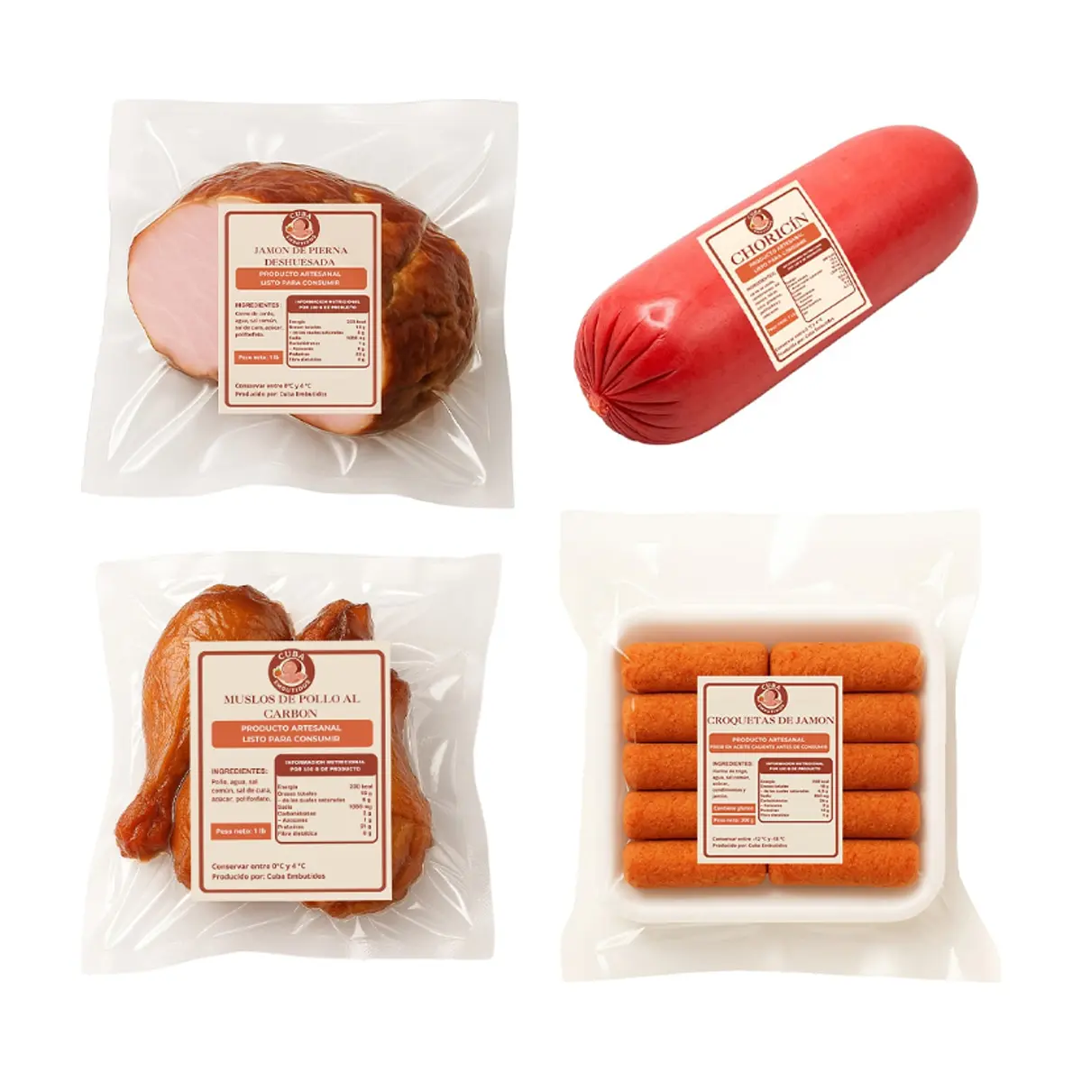 Jamón de pierna deshuesada + Muslos de pollo al carbon + Choricin + Croquetas de jamón