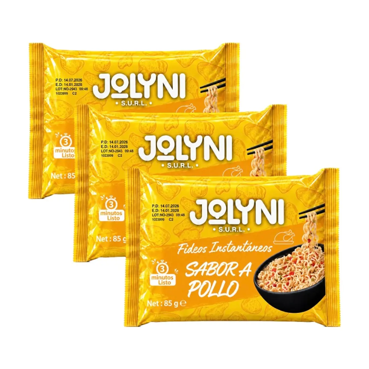 Sopa de fideos instantáneos sabor pollo Jolyni (3 x 85 g / 3 oz)