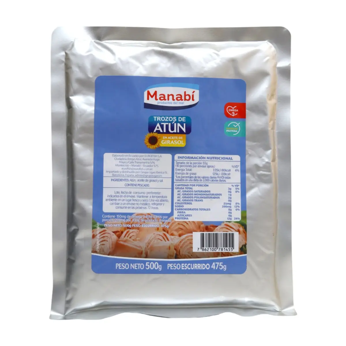Atún en trozos en aceite de girasol Manabí (500 g / 1.1 lb)