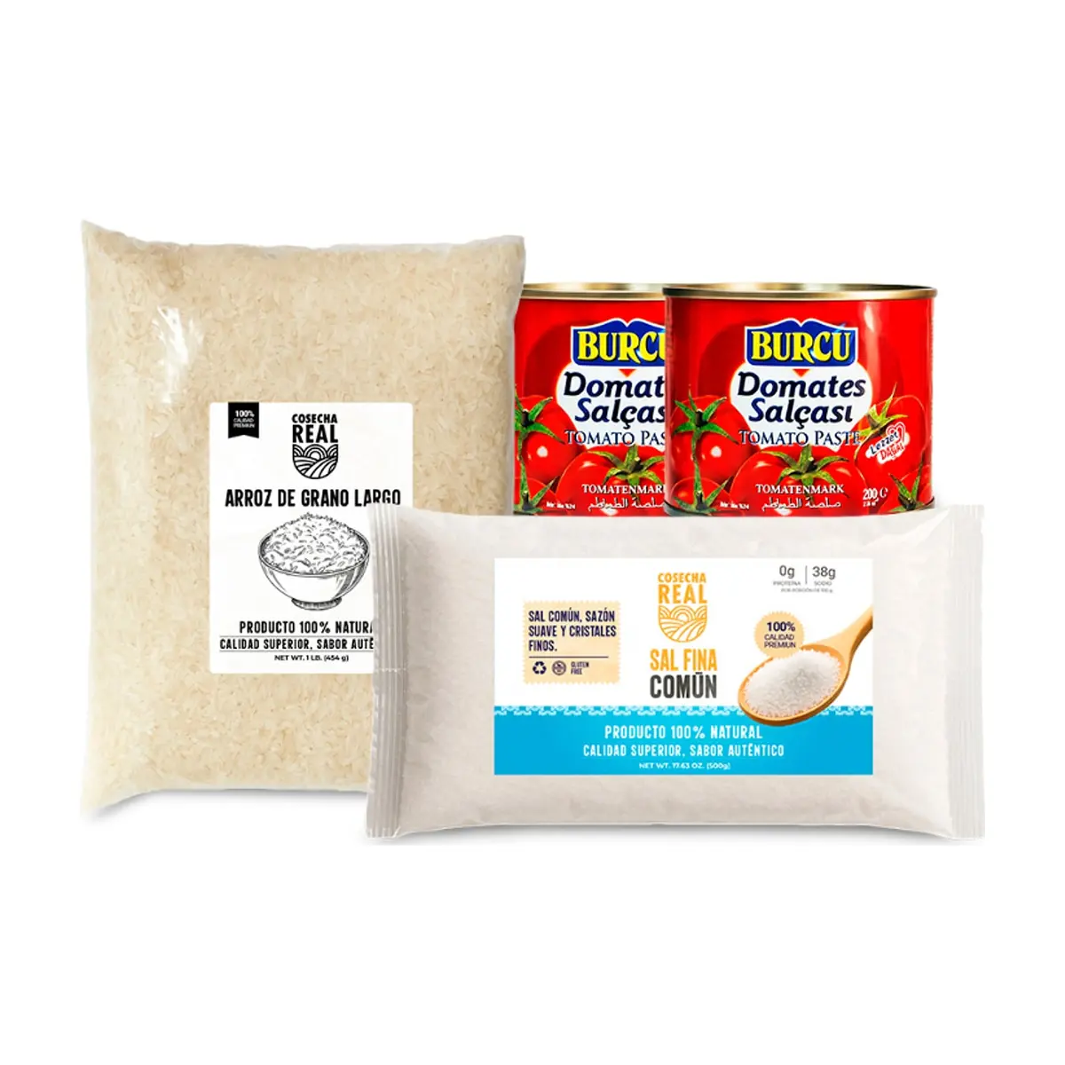 Combo básico de cocina #4: Sal fina común Cosecha Real + Arroz de grano largo Cosecha Real + Pasta de tomate Burcu