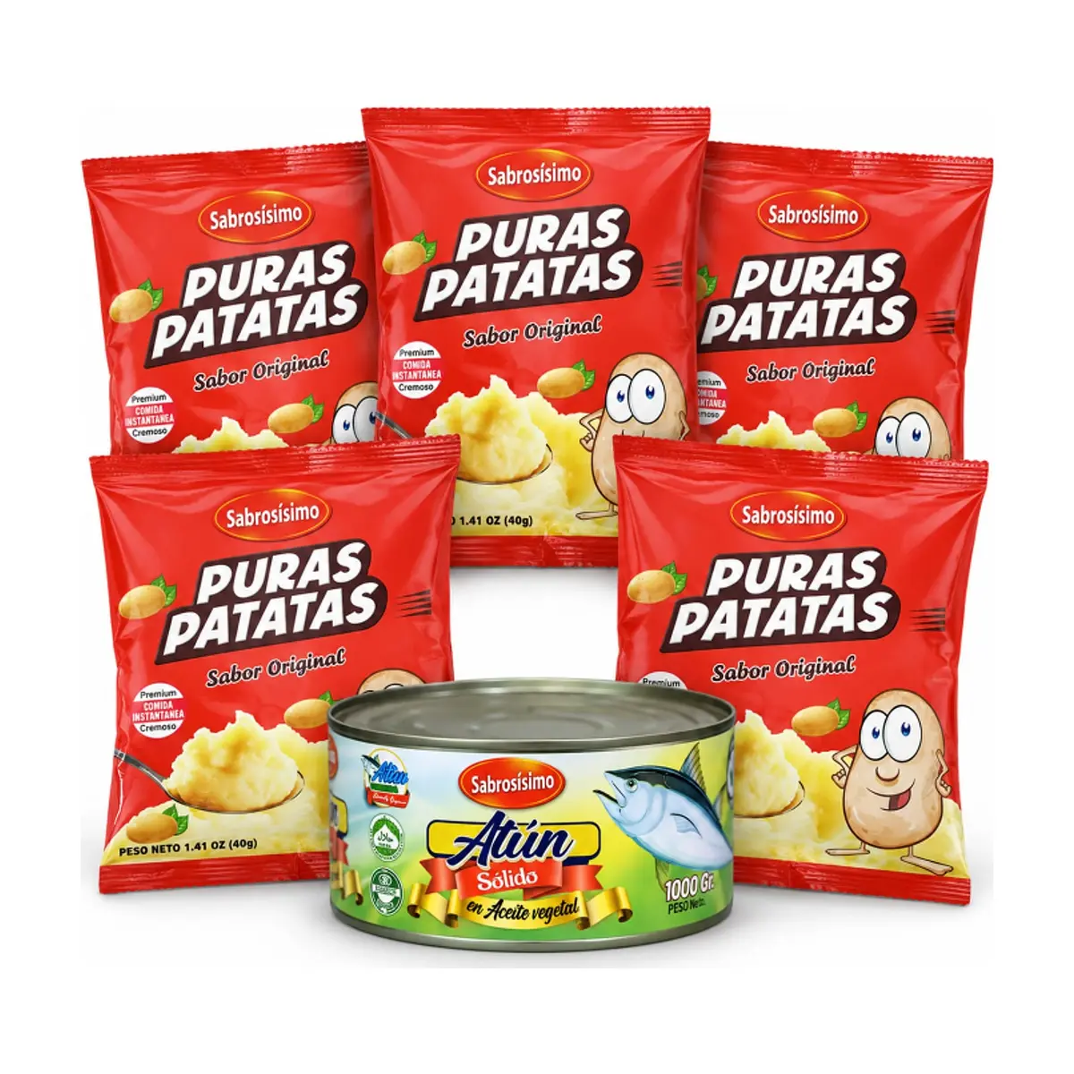 Combo Trozos de atún en aceite Sabrosísimo (1 kg / 2.2 lb) + Puré de puras patatas instantáneo Sabrosísimo (5 X 40g )