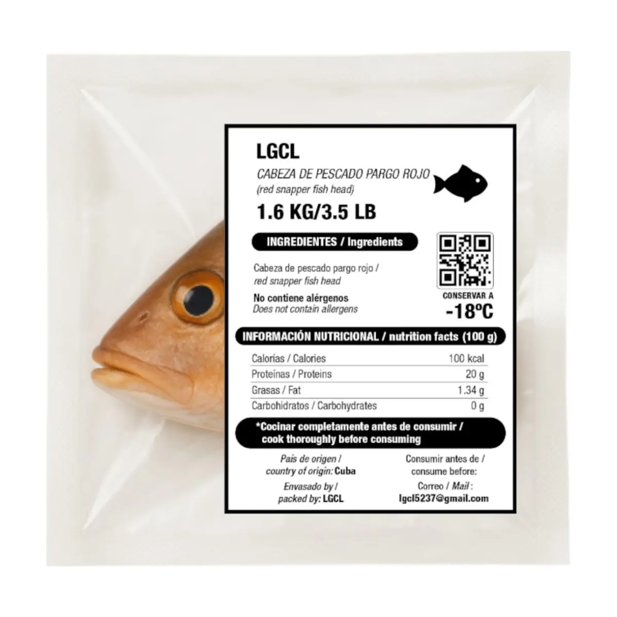 Cabeza de pescado pargo rojo LGCL (1.6 kg / 3.5 lb) - Thumbnail 2