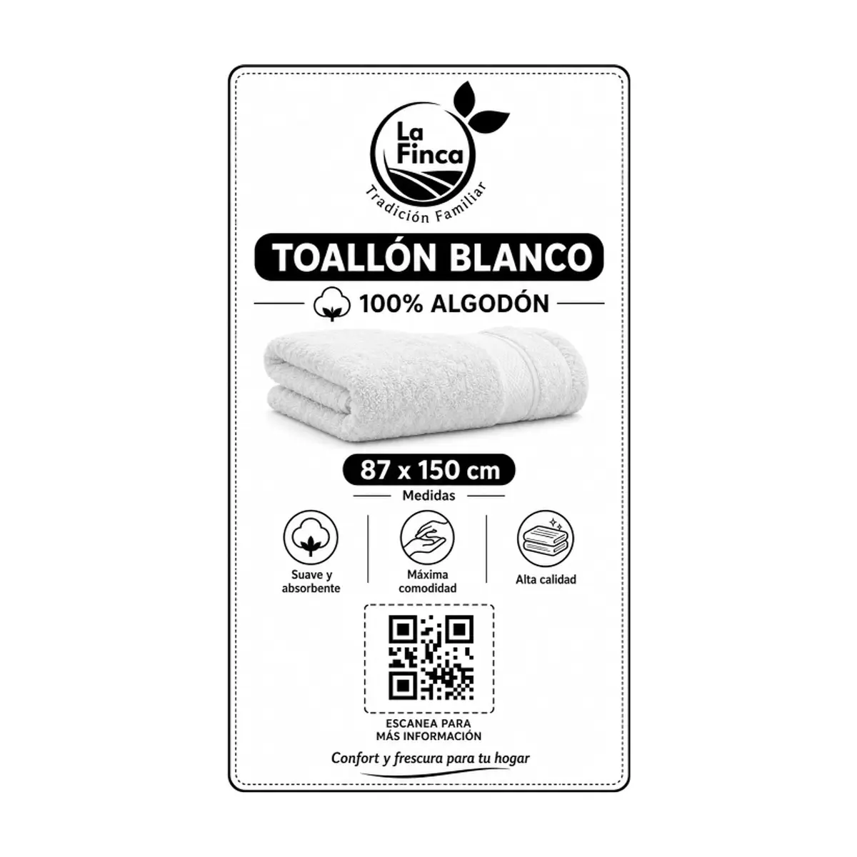 Toalla blanca grande 100% algodón 87 cm x 150 cm La Finca - Thumbnail 2