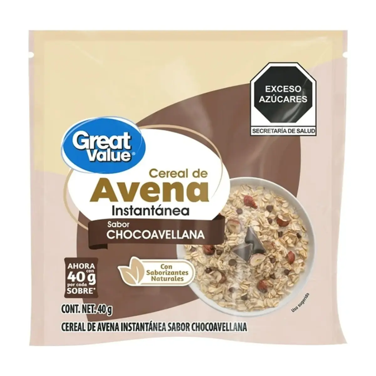 Cereal de avena instantánea sabor chocoavellana Great Value (40 g / 1.41 oz)