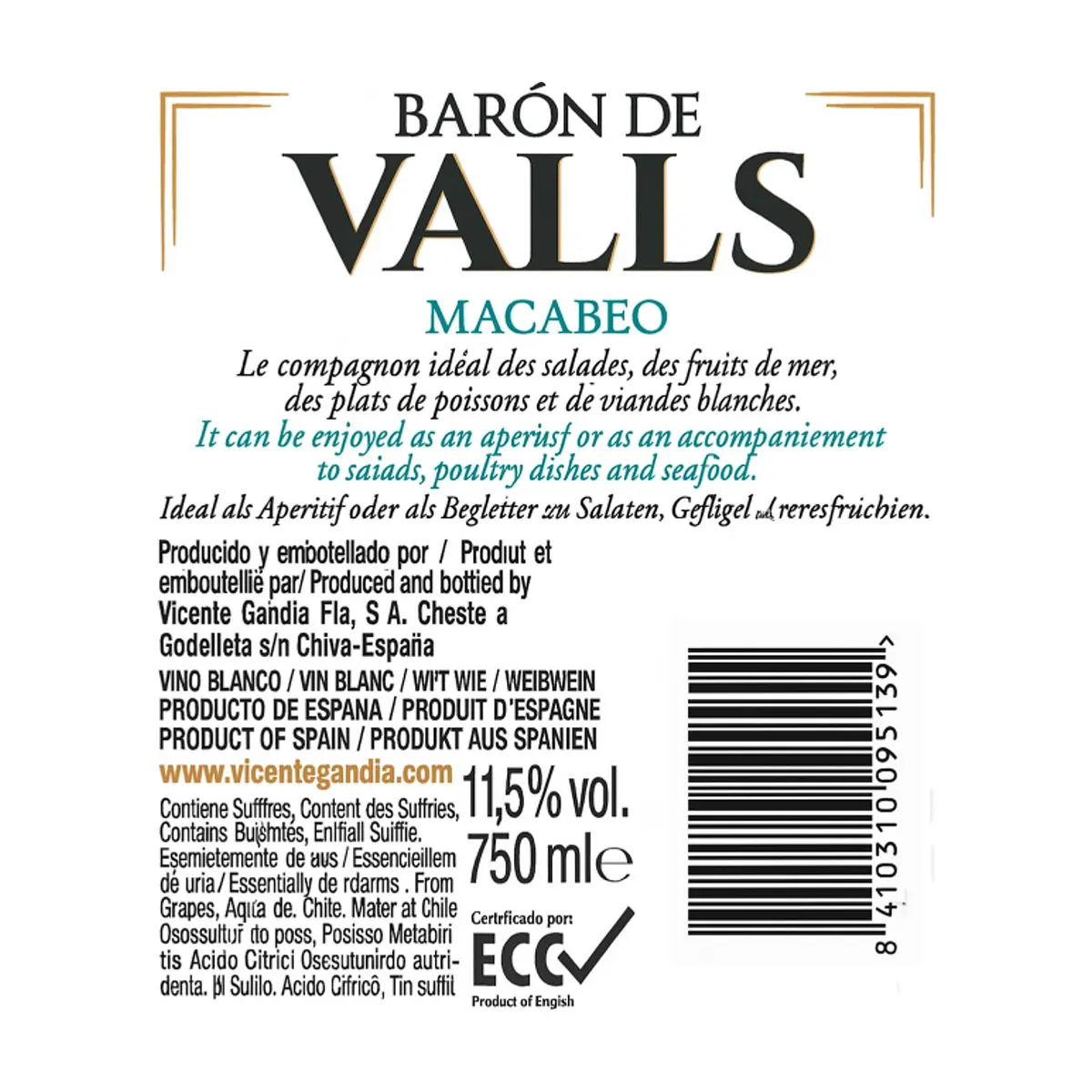 Vino blanco Macabeo Barón de Valls (750 ml) - Thumbnail 6