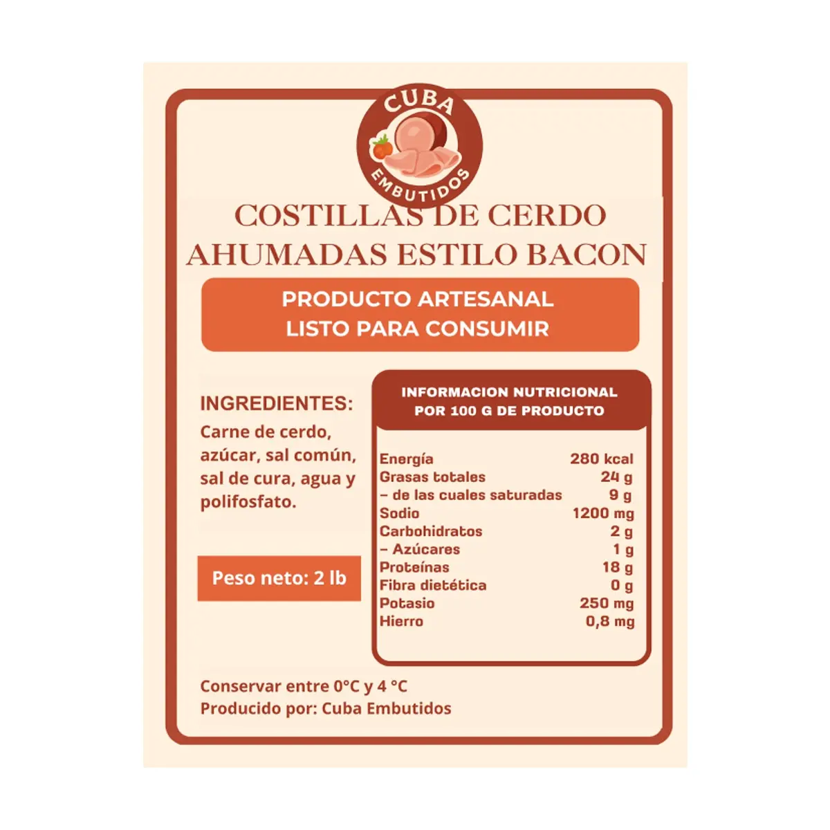 Costillas de cerdo ahumadas estilo bacón Cuba Embutidos (907 g / 2 lb) - Thumbnail 4