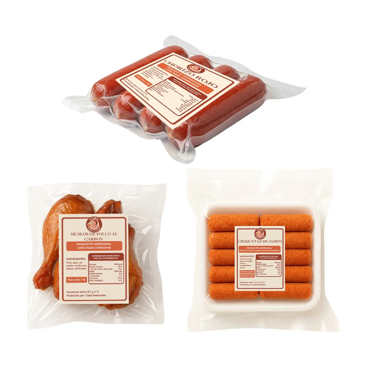 Chorizos rojos + muslos de pollo al carbon + croquetas de jamon