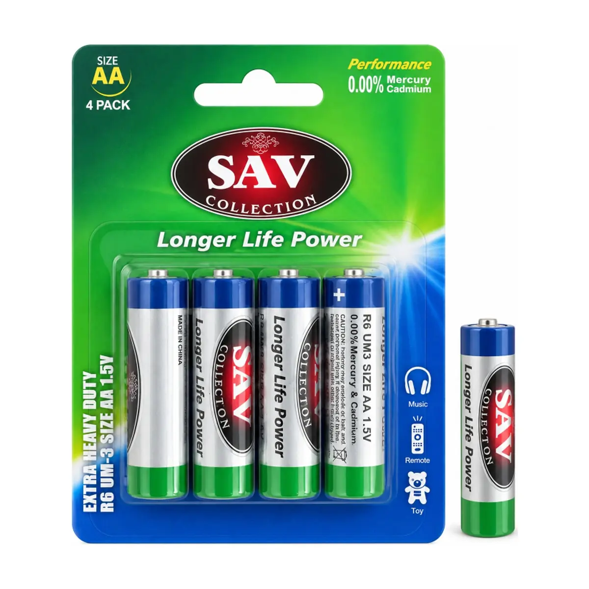 Pilas AA de larga duración y alta resistencia, 1.5V SAV Collection (4 U)