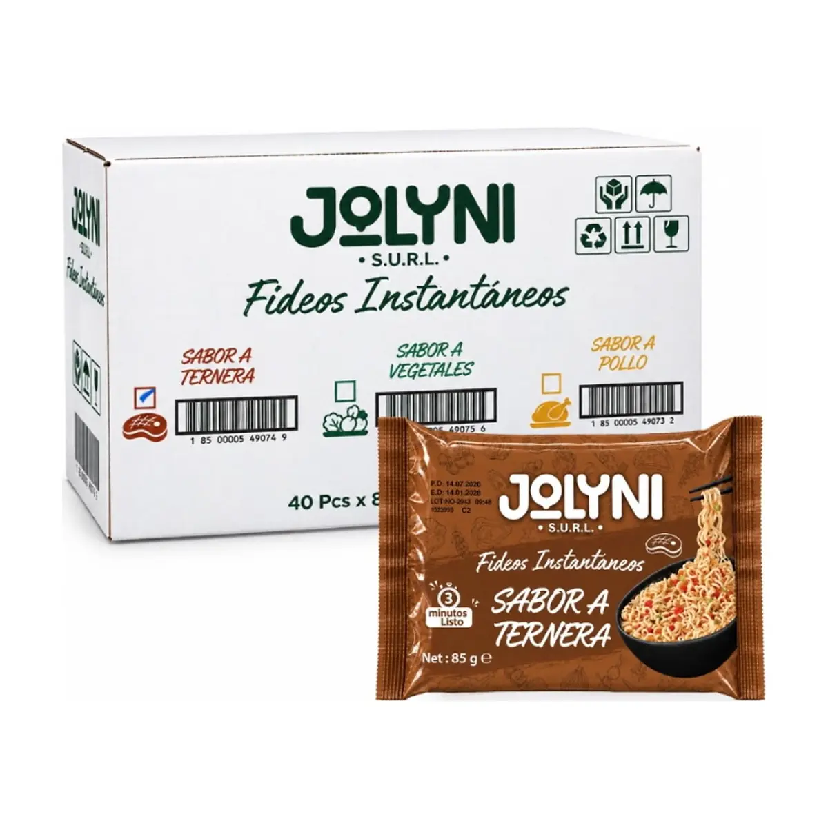 Sopa de fideos instantáneos sabor ternera Jolyni (40 x 85 g / 3 oz)