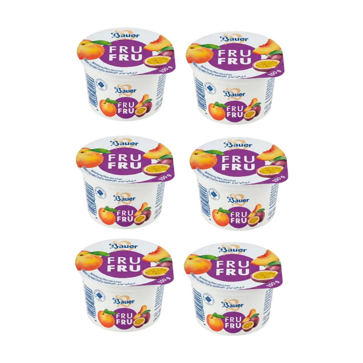 Yogur sabor melocotón-maracuyá Bauer Fru Fru (6 x 100g / 3.53oz)
