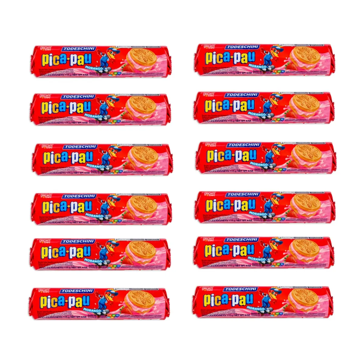 Galletas de vainilla con relleno sabor a fresa Pica Pau Todeschini (12 x 115 g / 4 oz)