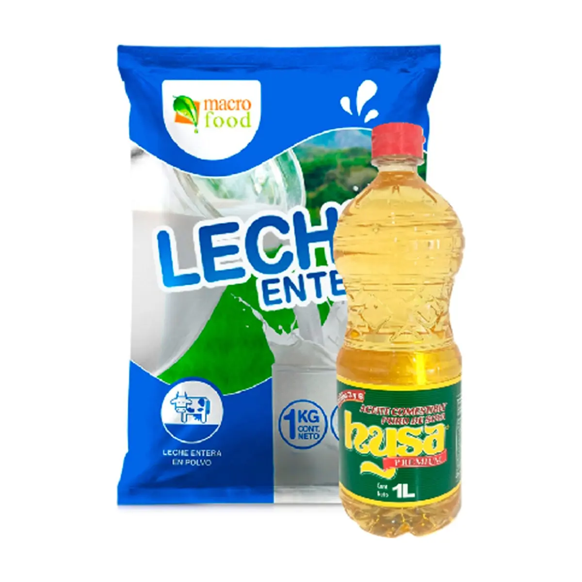 Aceite de soya puro Hysa (1 L) + Leche entera en polvo Macro Food (1 kg / 2.2 lb)
