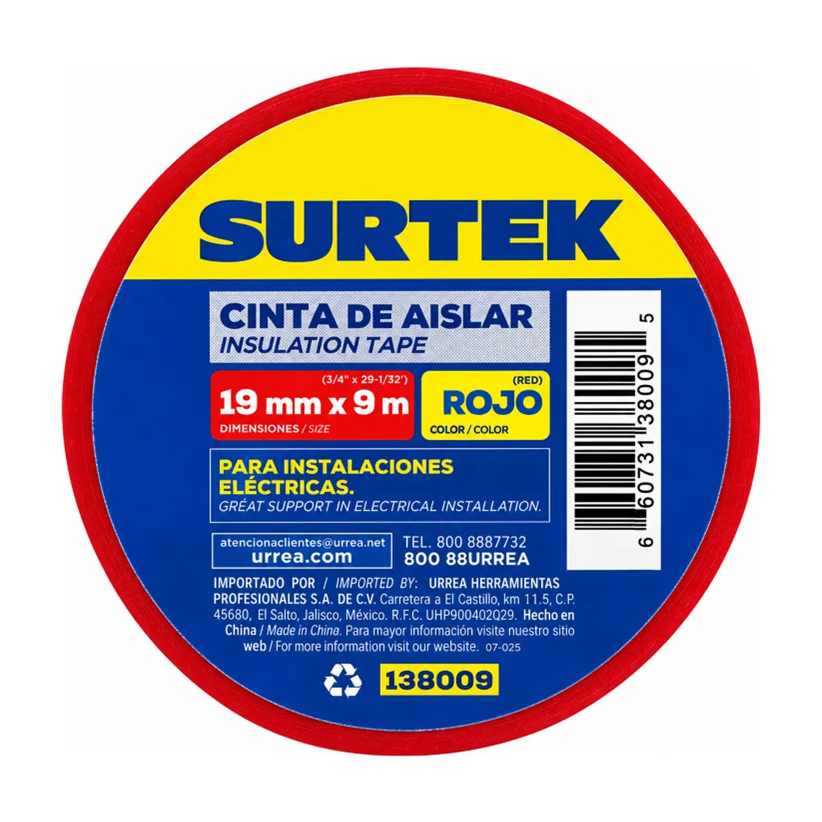 Cinta para aislar roja 19 mm x 9 m Surtek 138009 - Miniatura 1