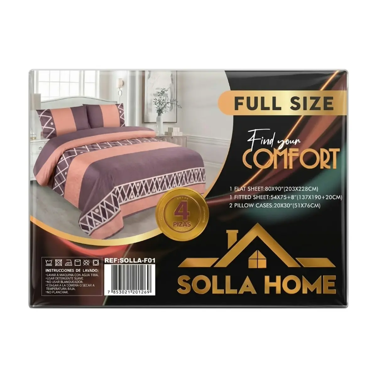 Juego de sábanas full size de cuatro piezas en tono marrón con diseño geométrico con franjas Solla Home - Miniatura 3