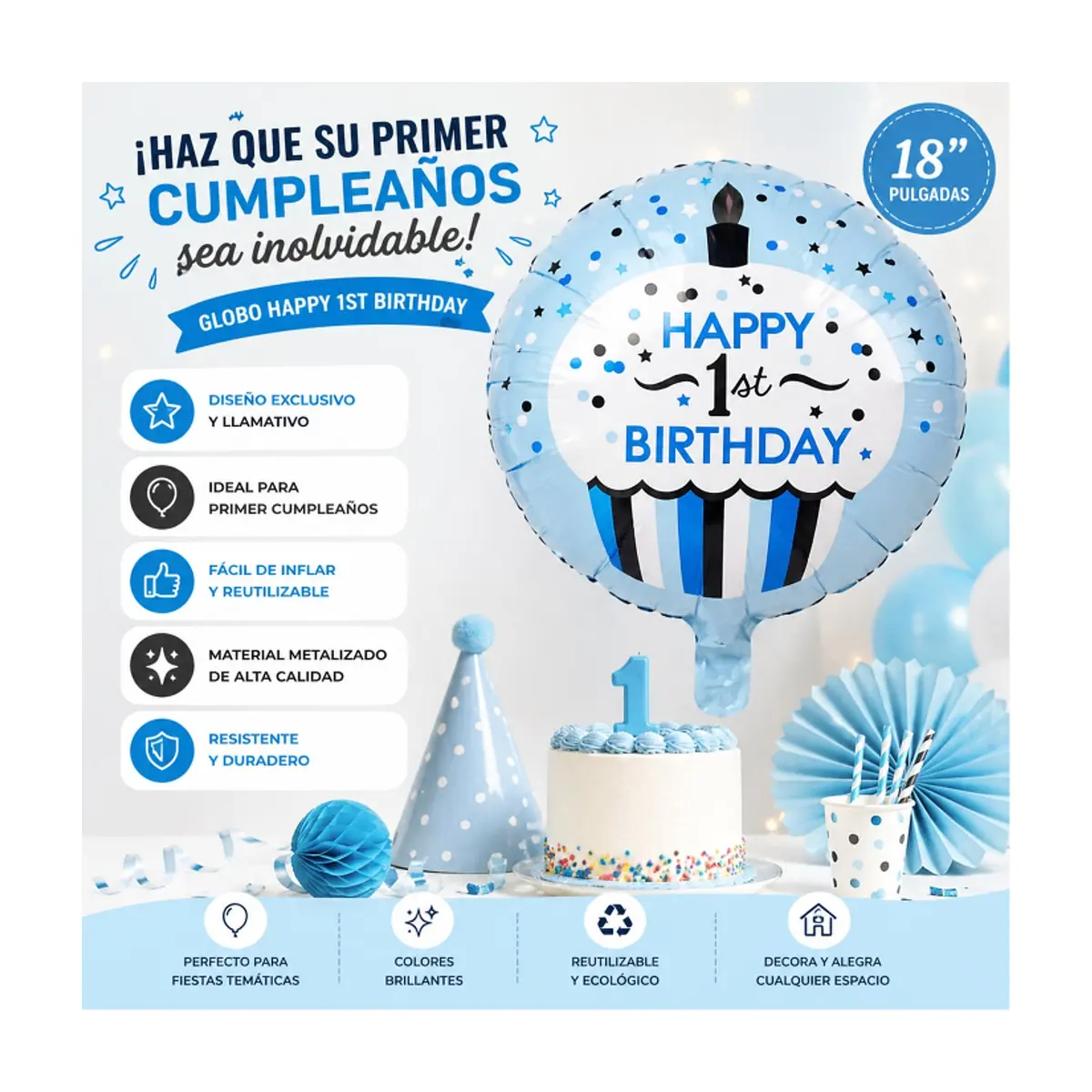 Globo feliz 1er cumpleaños 18 pulgadas Balloon - Thumbnail 4