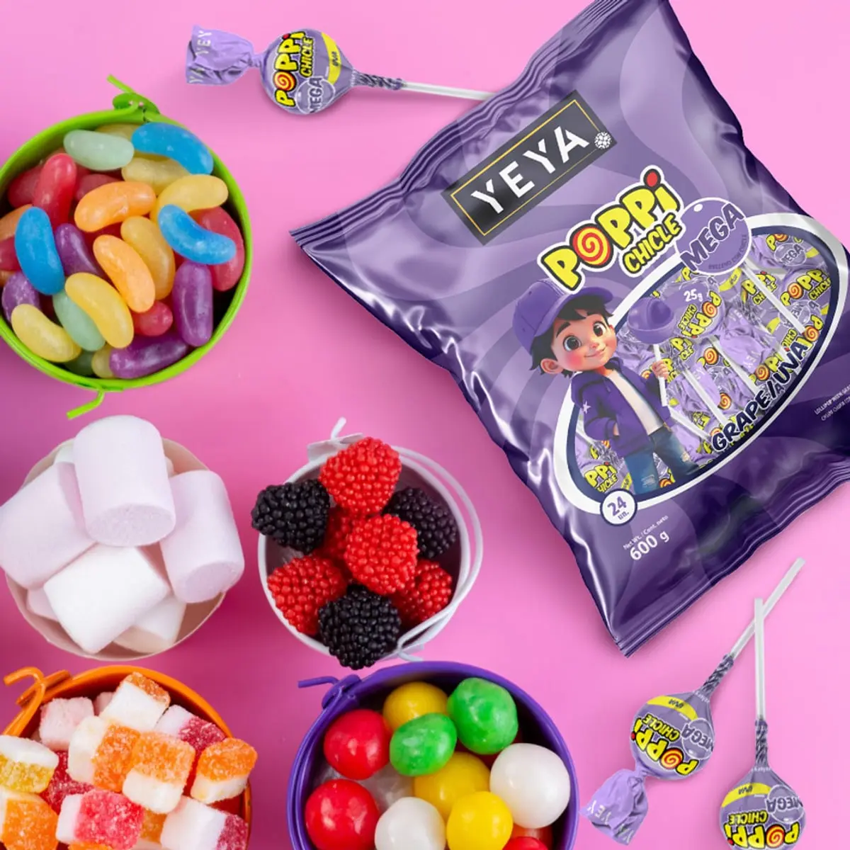 Chupa chupas con relleno de chicle sabor uva YEYA (600 g / 1.32 lb) - Thumbnail 4