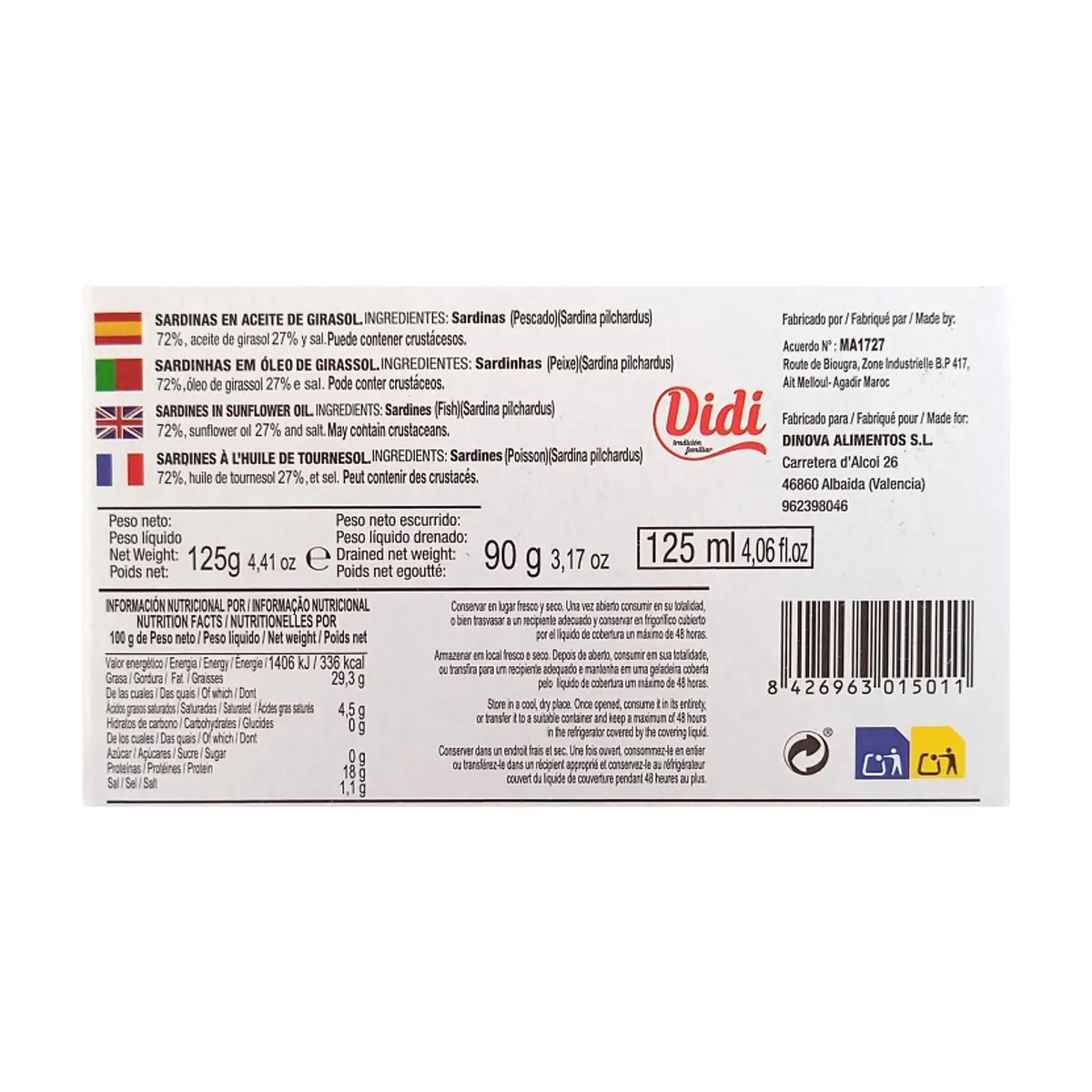 Sardinas en aceite de girasol Didi (125 g / 4.41 oz) - Thumbnail 2