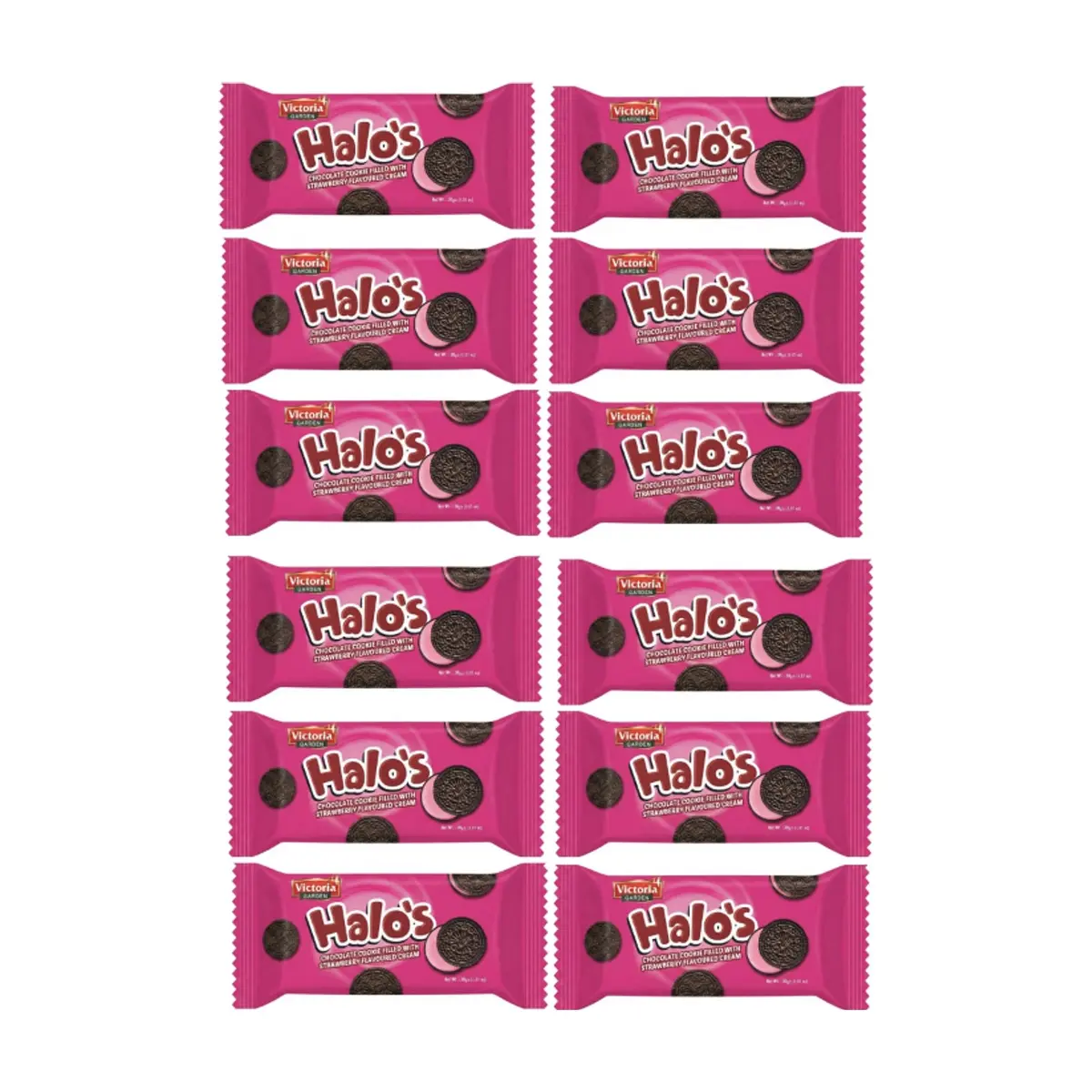 Galletas de chocolate rellenas con crema sabor fresa Victoria Garden Halo’s (12 x 30 g / 1.05 oz)