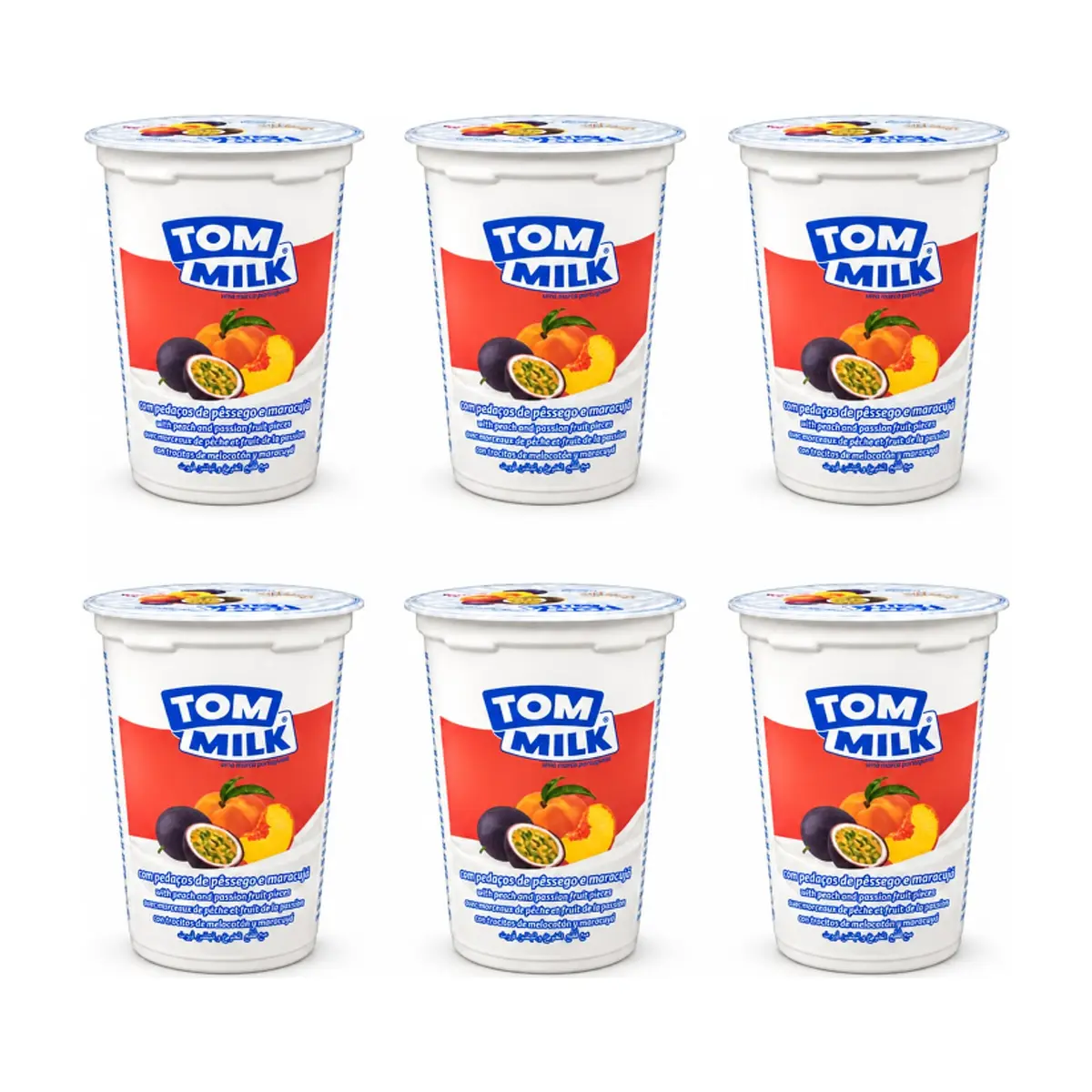 Yogurt pasteurizado sabor melocotón y maracuyá con trocitos de fruta Tom Milk (6 x 500 g / 1.10 lb)