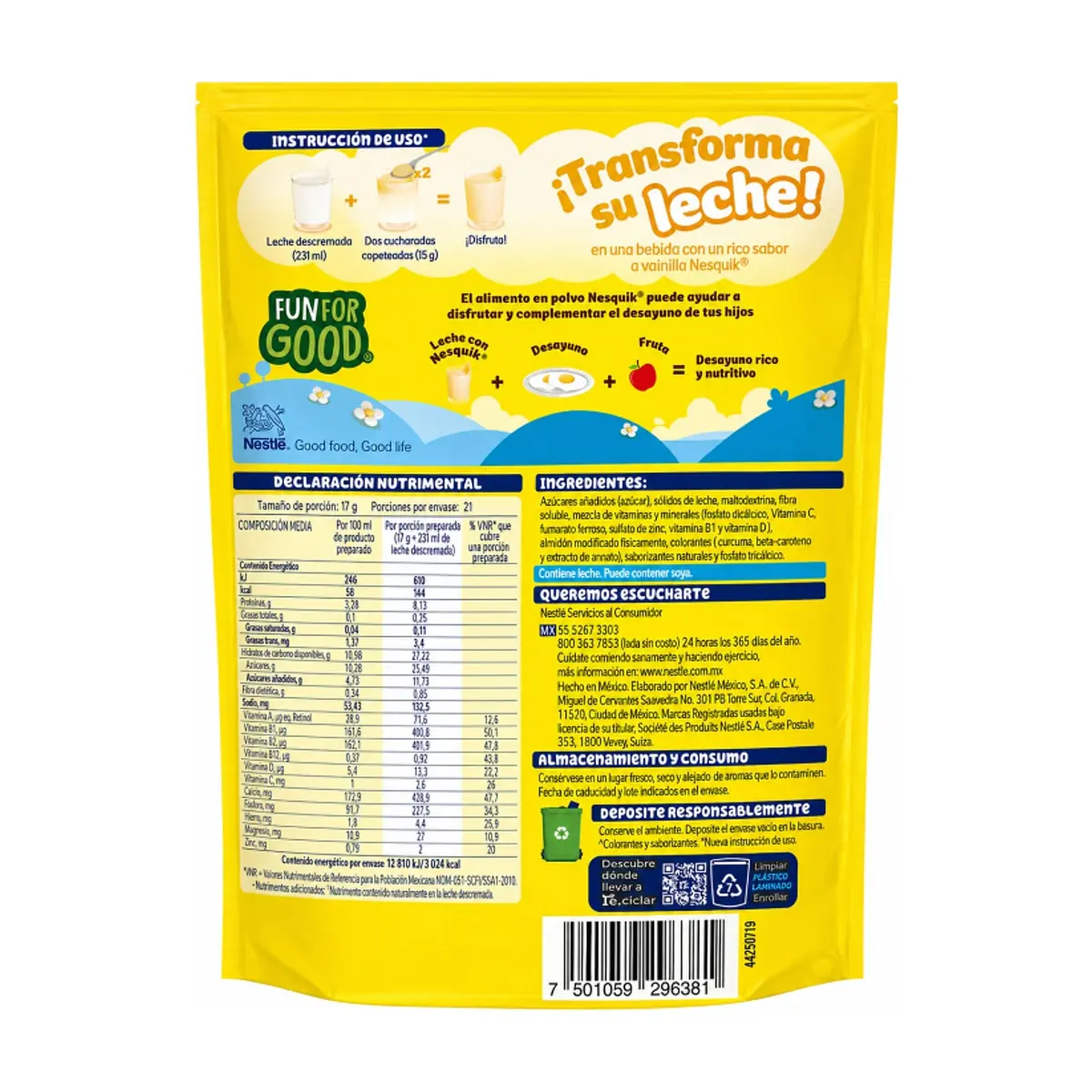 Polvo para bebida fortificada sabor vainilla Nestlé Nesquik (357 g / 12.59 oz) - Thumbnail 3