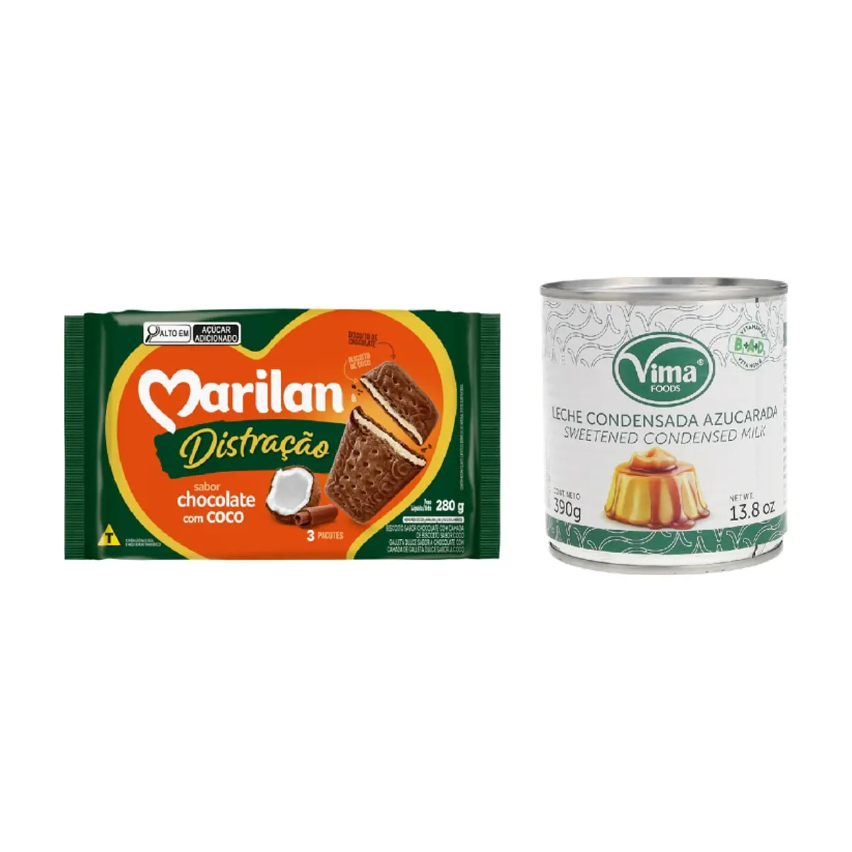 Leche condensada azucarada Vima Foods (390 g / 13.8 oz) + Galleta triple capa sabor chocolate con coco Distracao Marilan (280 g / 9.88 az) - Miniatura 1