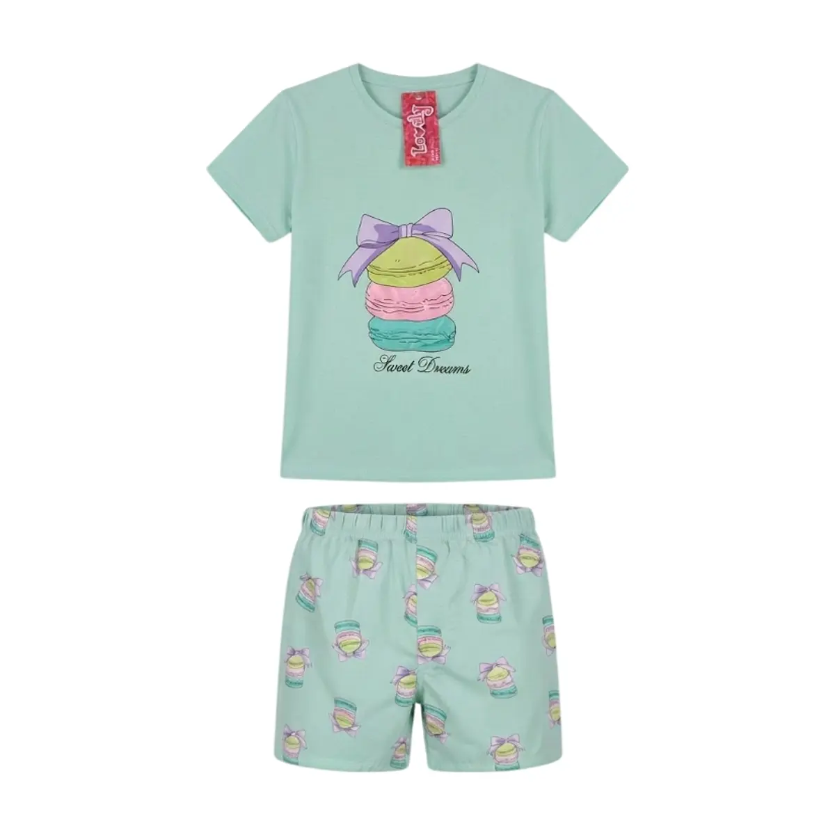 Pijama de dos piezas femenino color verde con diseño central macarons Lovely (Talla S)